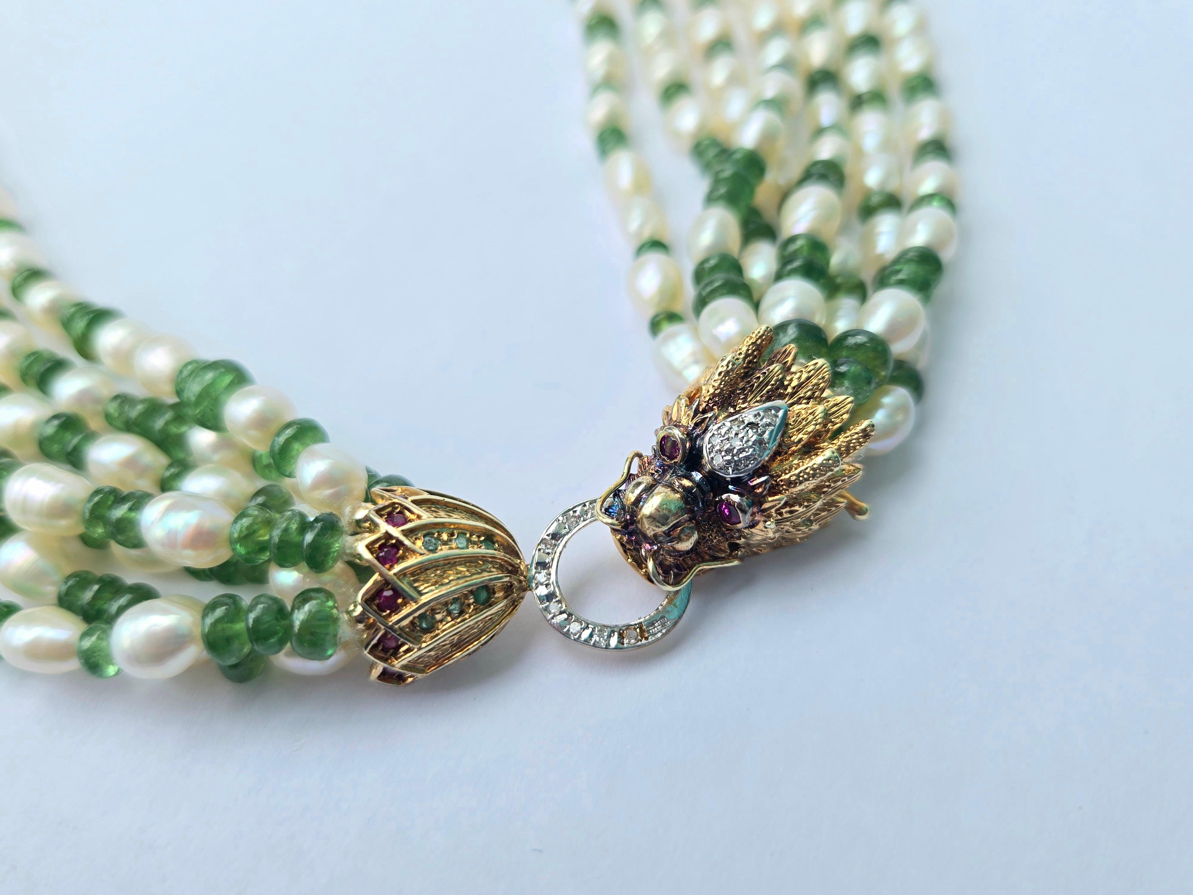 Baroque Pearls with tumbled Emeralds and Gold Dragon clasp In New Condition For Sale In New Orleans, LA