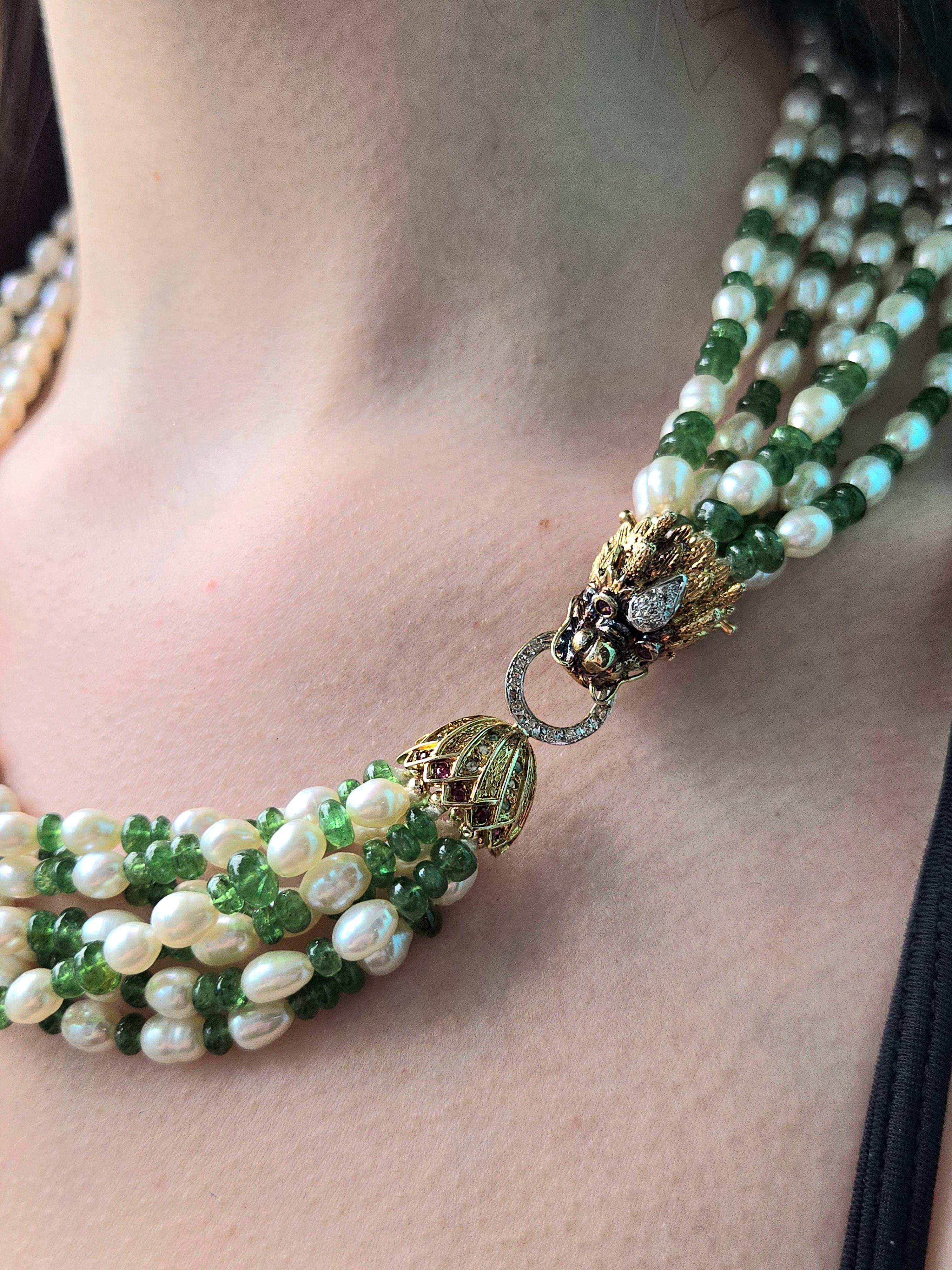 Women's Baroque Pearls with tumbled Emeralds and Gold Dragon clasp For Sale