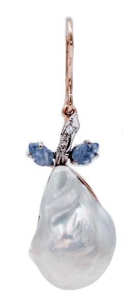 Baroque Pearl, Sapphires, Diamonds, 14kt Rose and White Gold Dangle Earrings
