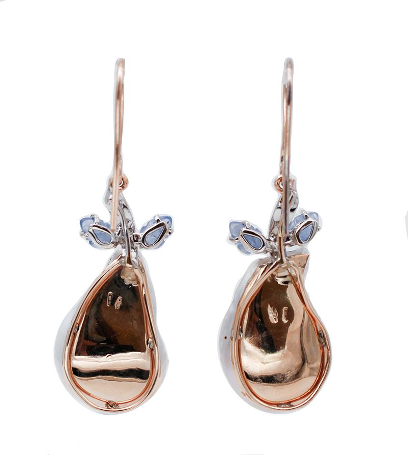Retro Baroque Pearl, Sapphires, Diamonds, 14kt Rose and White Gold Dangle Earrings For Sale