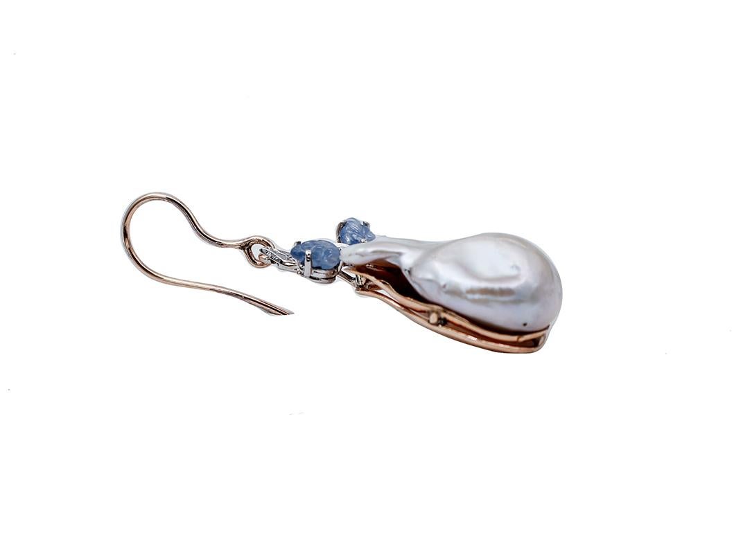 Mixed Cut Baroque Pearl, Sapphires, Diamonds, 14kt Rose and White Gold Dangle Earrings For Sale
