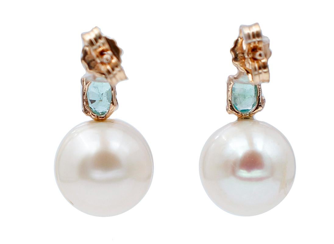 Retro Baroque Pearls, Diamonds, Emeralds, 14 Karat Rose Gold Beaded Earrings