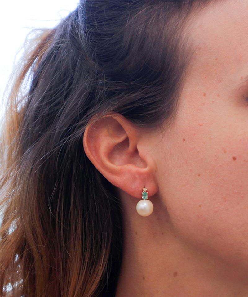 Women's Baroque Pearls, Diamonds, Emeralds, 14 Karat Rose Gold Beaded Earrings