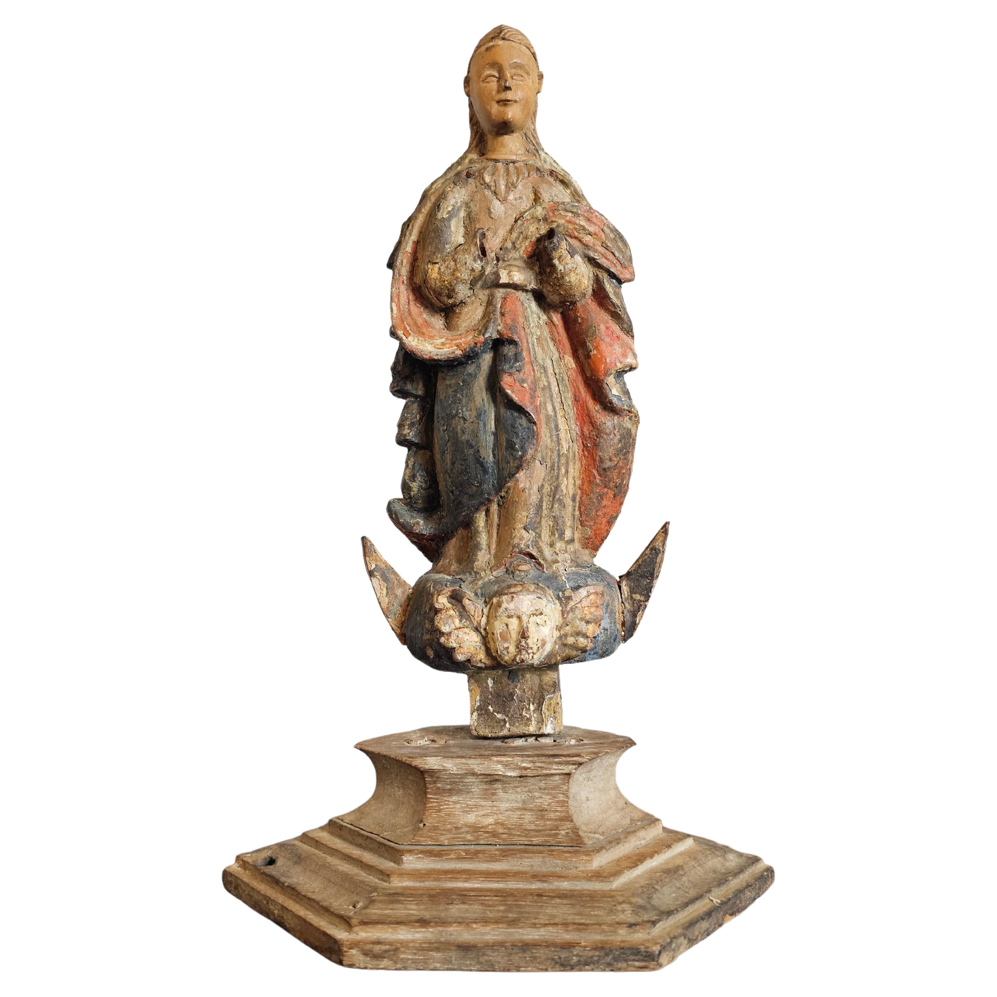Figure d'autel Sainte-Espagne polychrome sculptée d'époque baroque européenne 