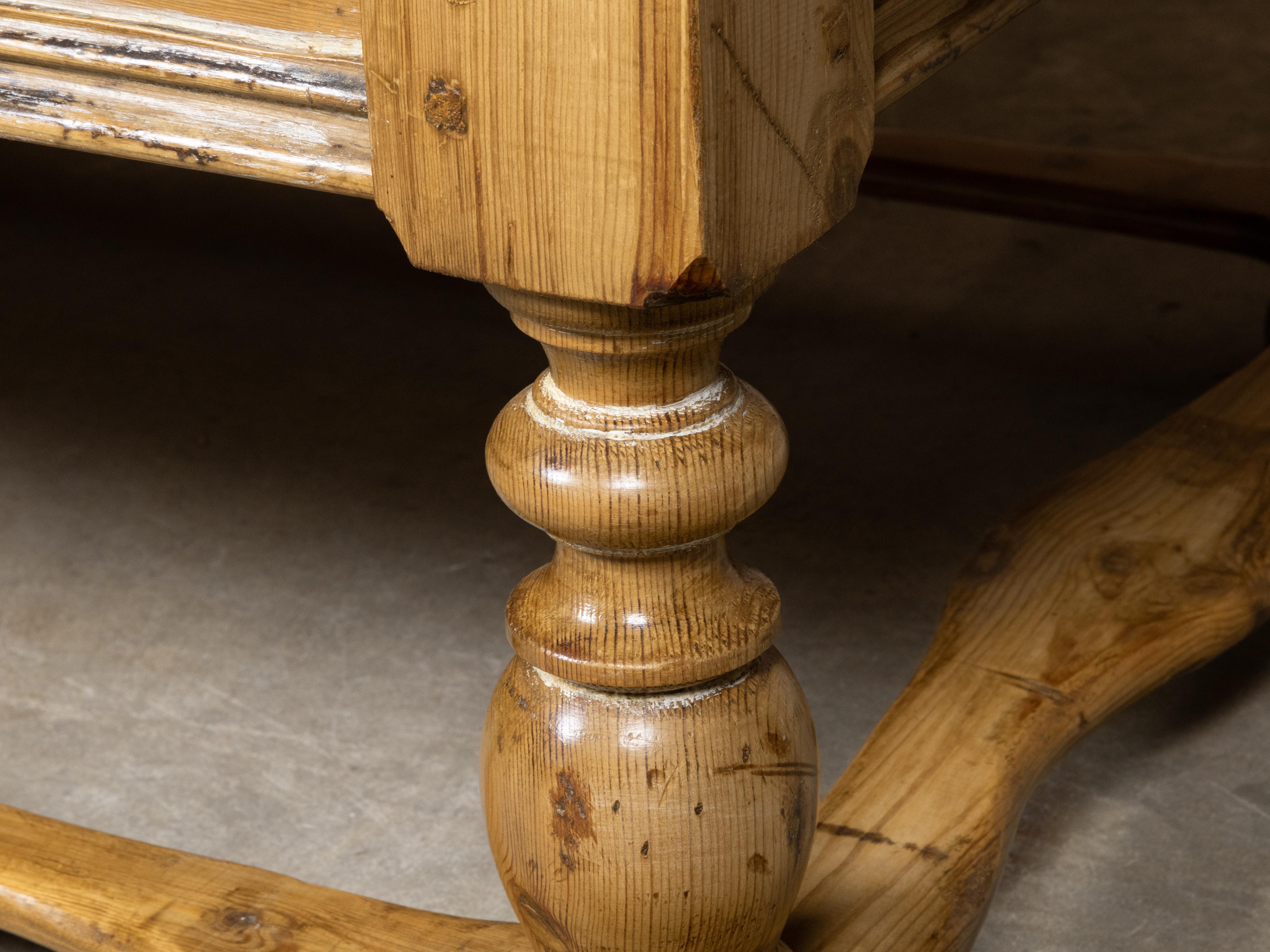 Baroque Pine Coffee Table with Turned Legs, Single Drawer and Carved Stretchers For Sale 7