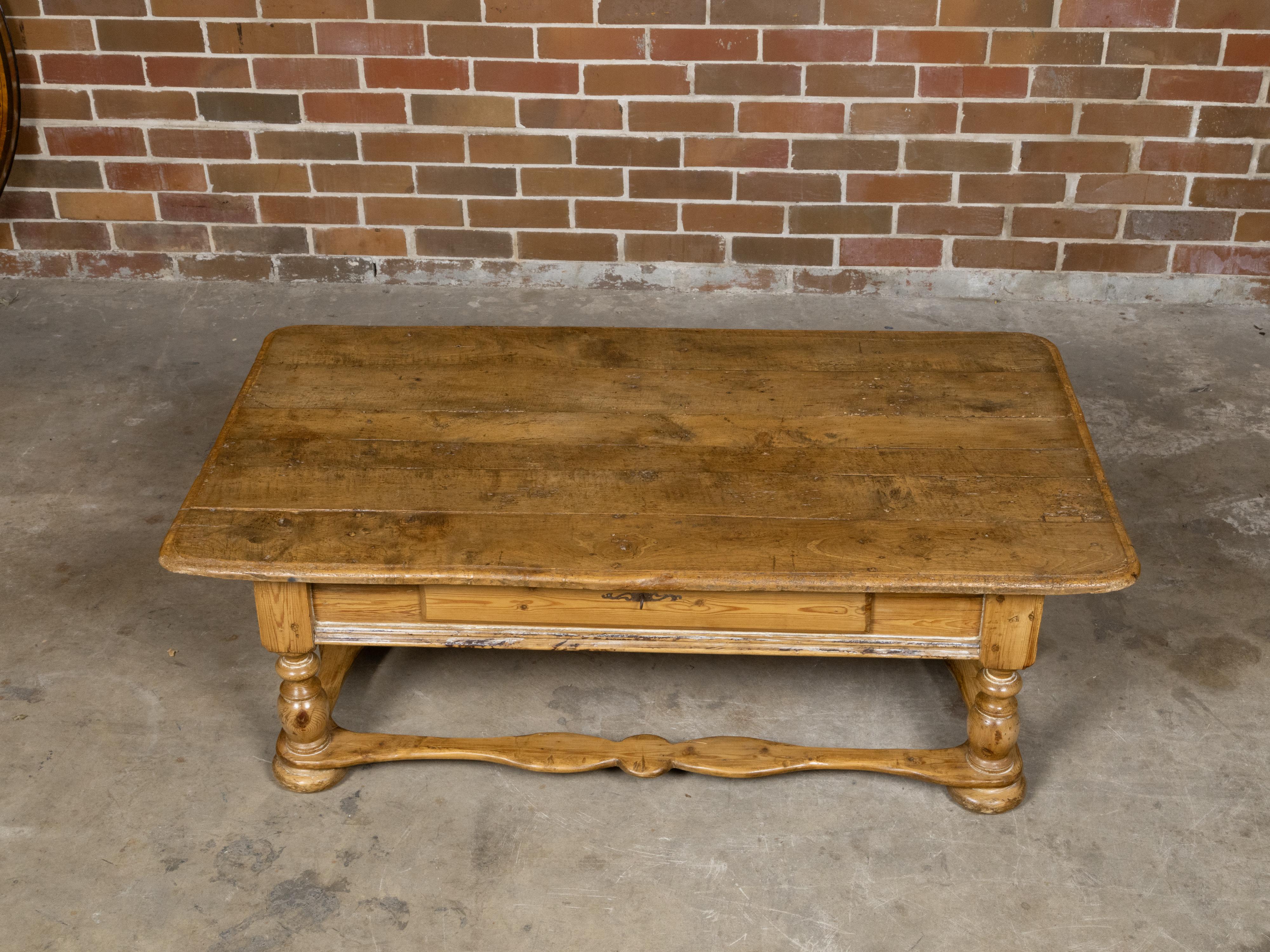 Baroque Pine Coffee Table with Turned Legs, Single Drawer and Carved Stretchers For Sale 11