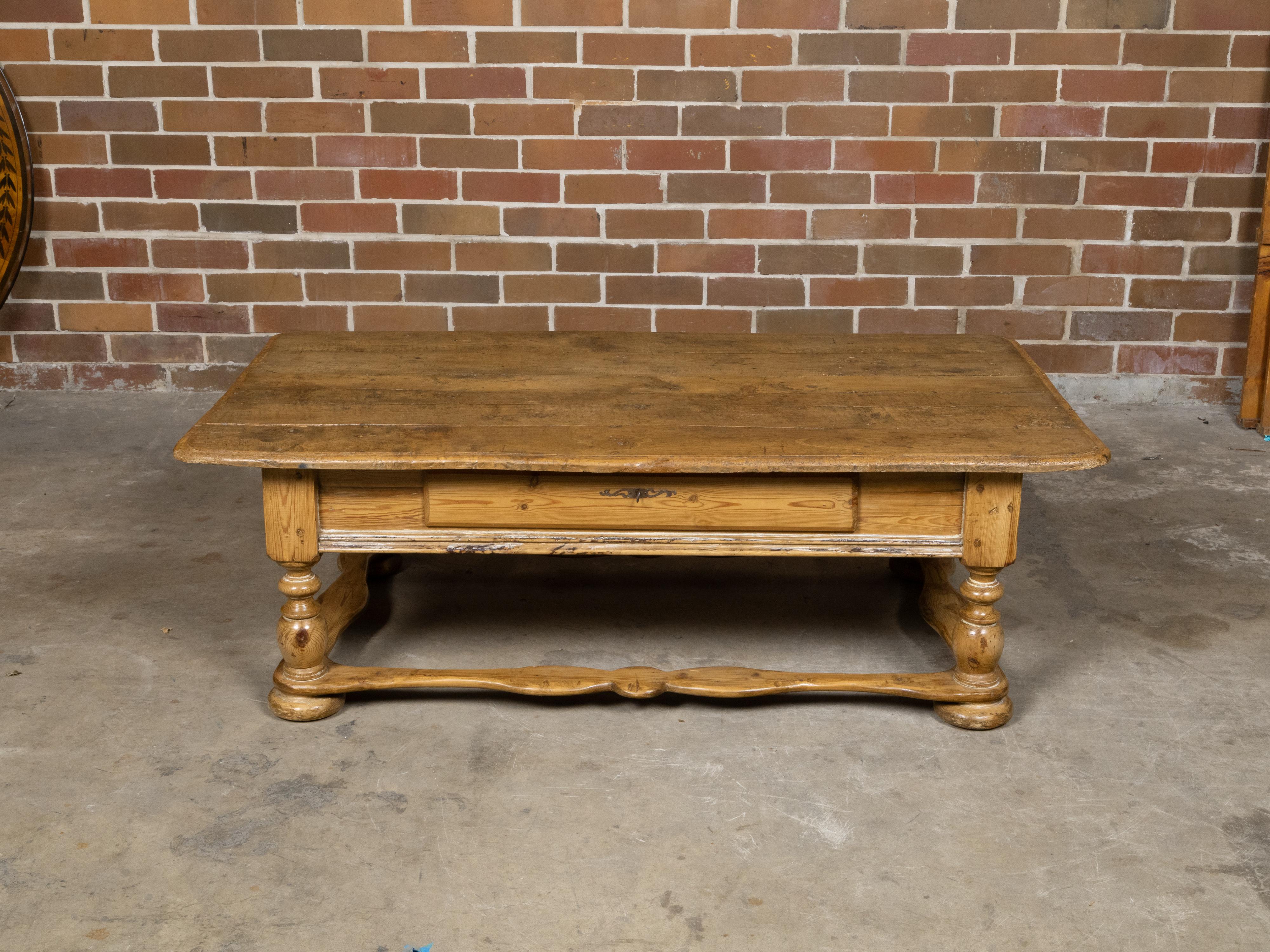 Baroque Pine Coffee Table with Turned Legs, Single Drawer and Carved Stretchers For Sale 12