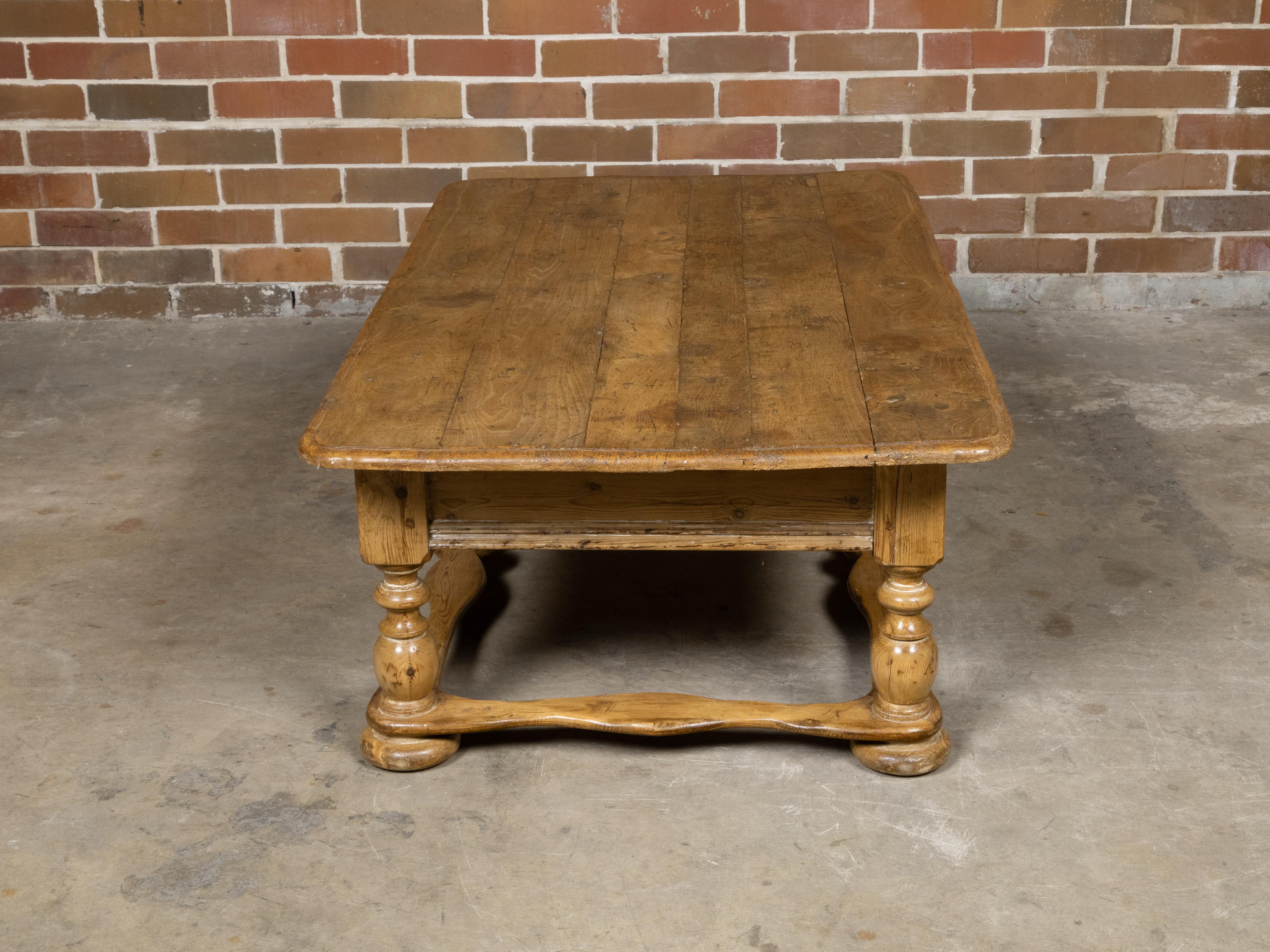 19th Century Baroque Pine Coffee Table with Turned Legs, Single Drawer and Carved Stretchers For Sale