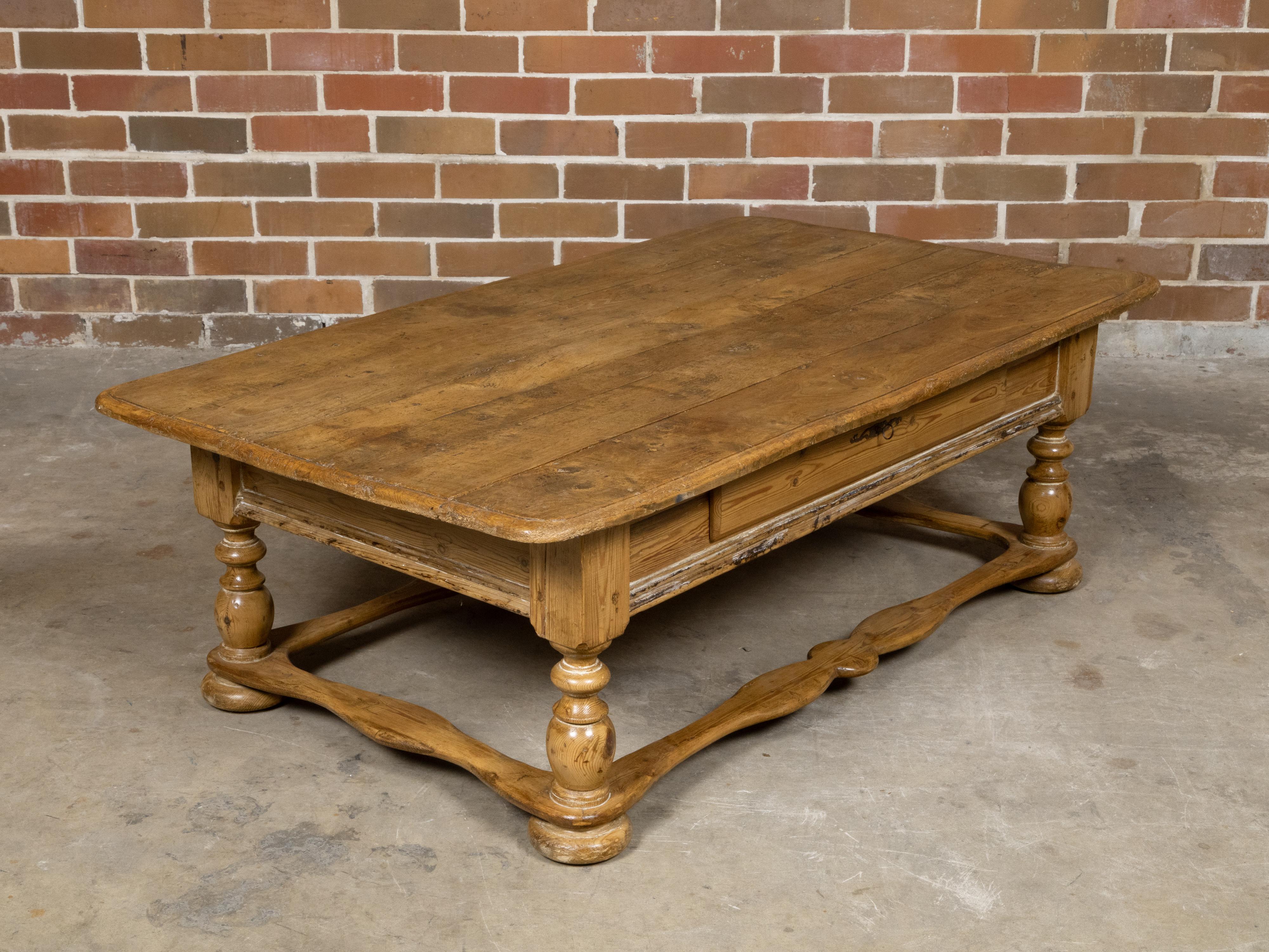 Baroque Pine Coffee Table with Turned Legs, Single Drawer and Carved Stretchers For Sale 1