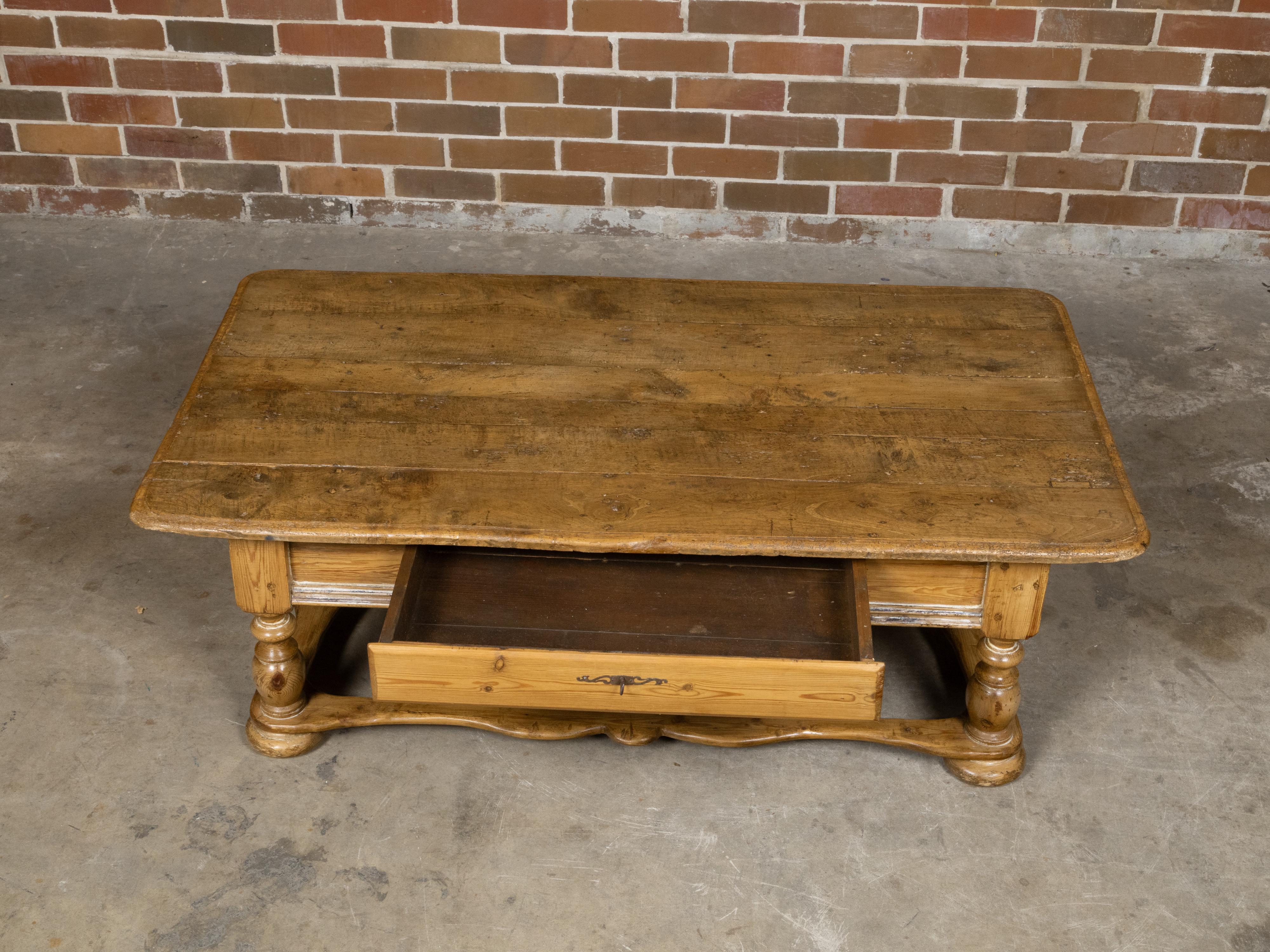 Baroque Pine Coffee Table with Turned Legs, Single Drawer and Carved Stretchers For Sale 2