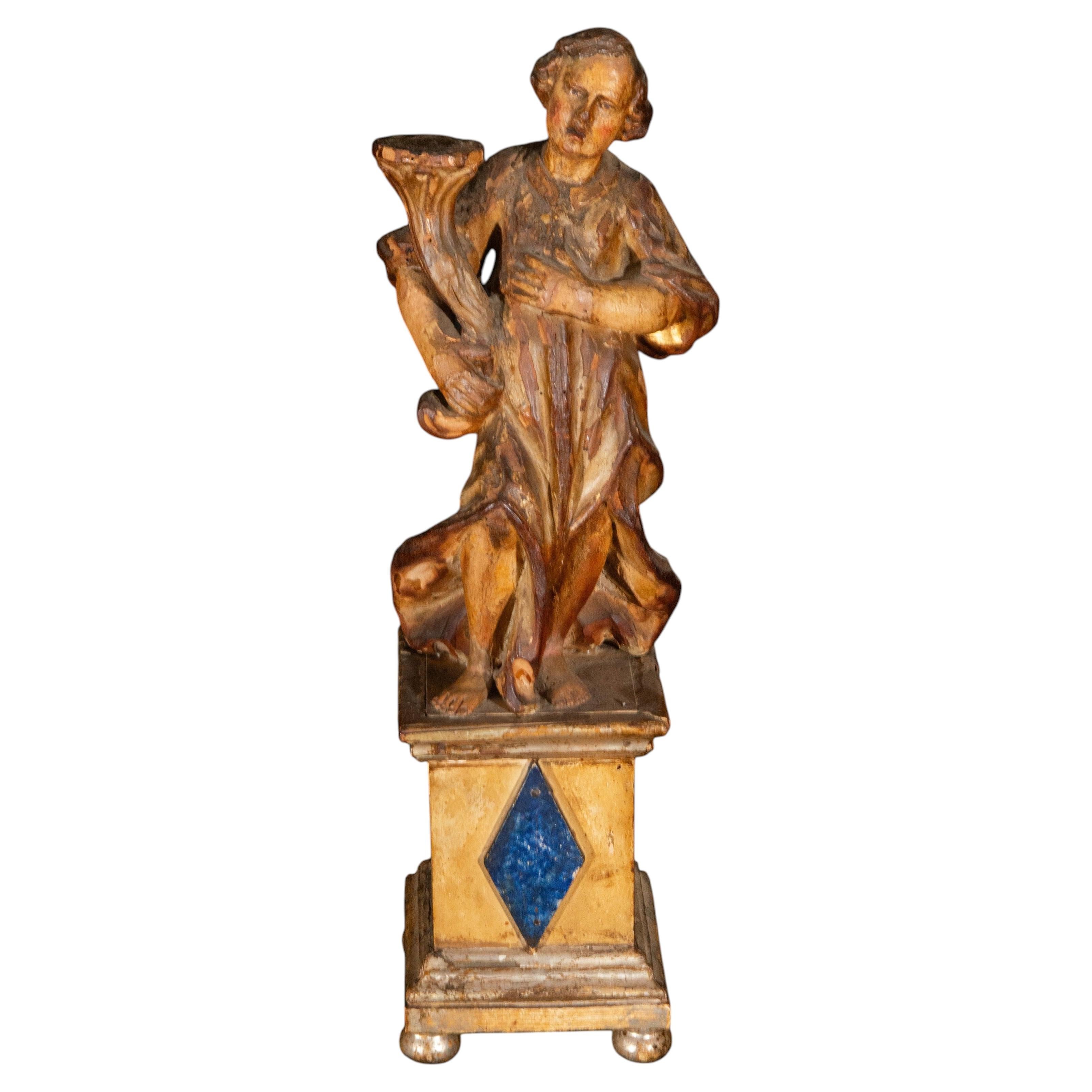 Baroque Polychrome Angel Torchbearer Sculpture, Spain, 17th Century For Sale