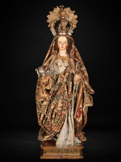 Baroque Polychrome Wooden Statue of Saint Mary Magdalene with Chalice and Silver