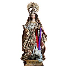 Baroque Polychrome Wooden Statue of Saint Mary Magdalene with Chalice and Silver