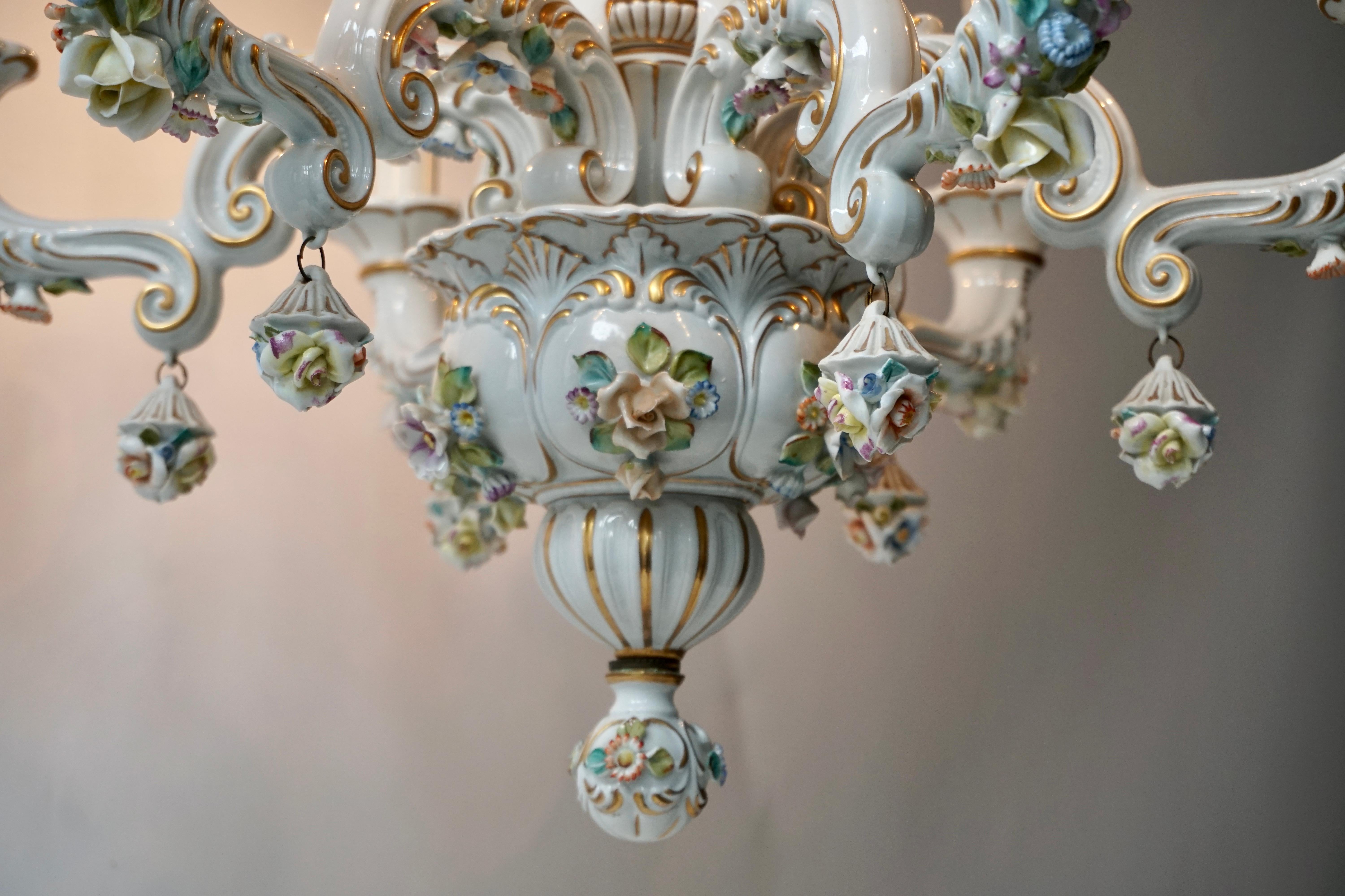 Italian Baroque Porcelain Flower Chandelier or Candelabra, Italy For Sale