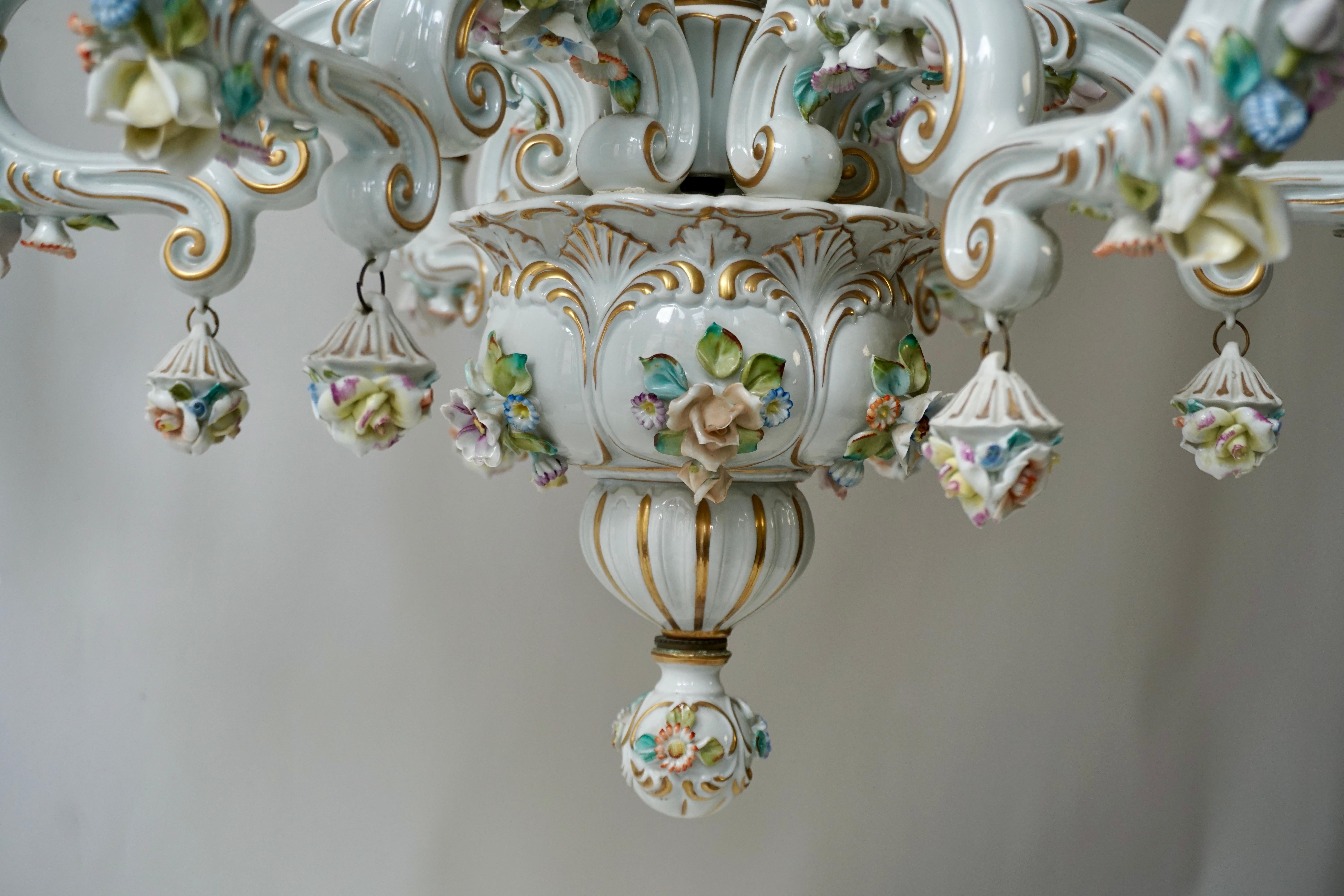 Hand-Painted Baroque Porcelain Flower Chandelier or Candelabra, Italy For Sale