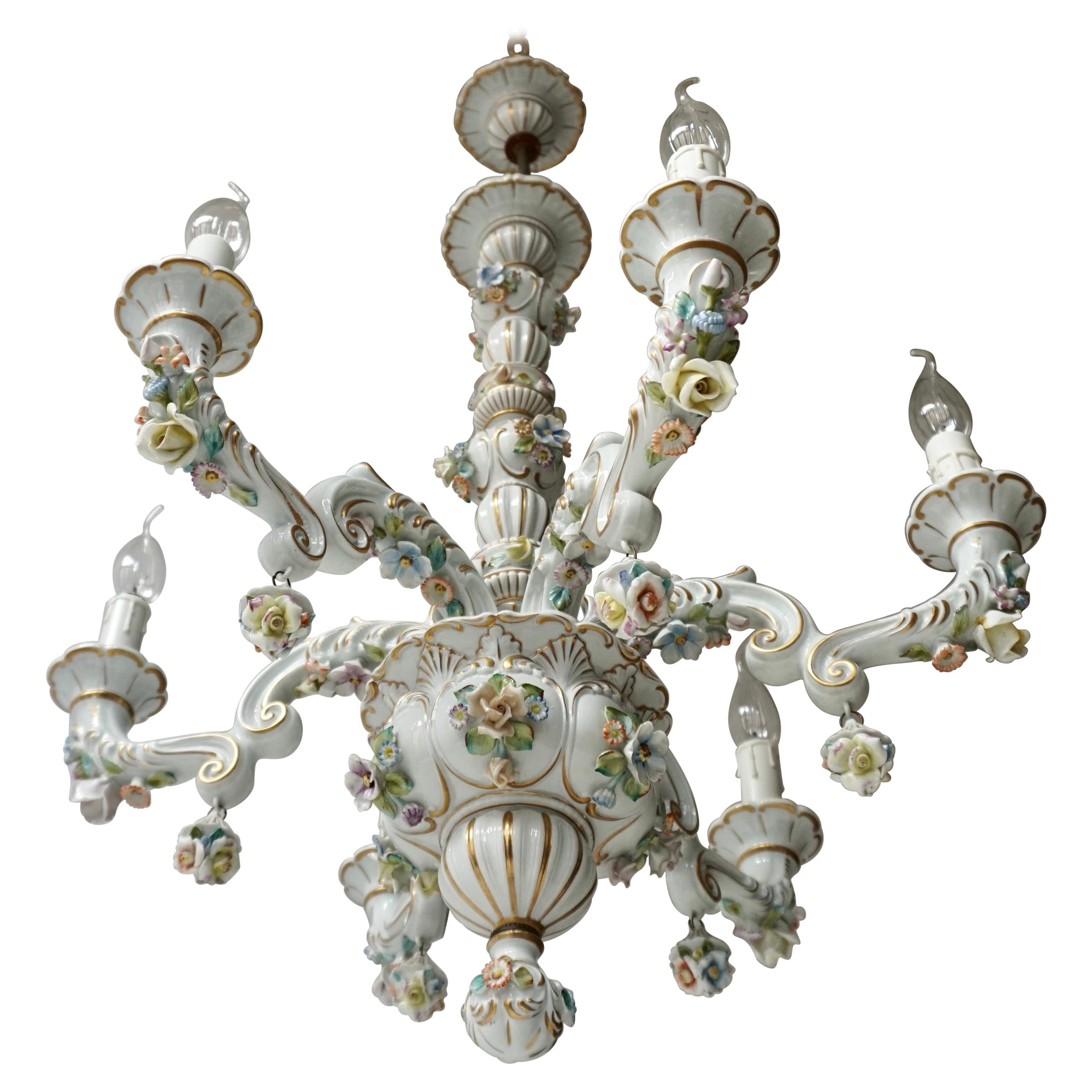 chandelier lamp Brass Swag crystal vintage baroque Porcelain PINK barbola Rose 