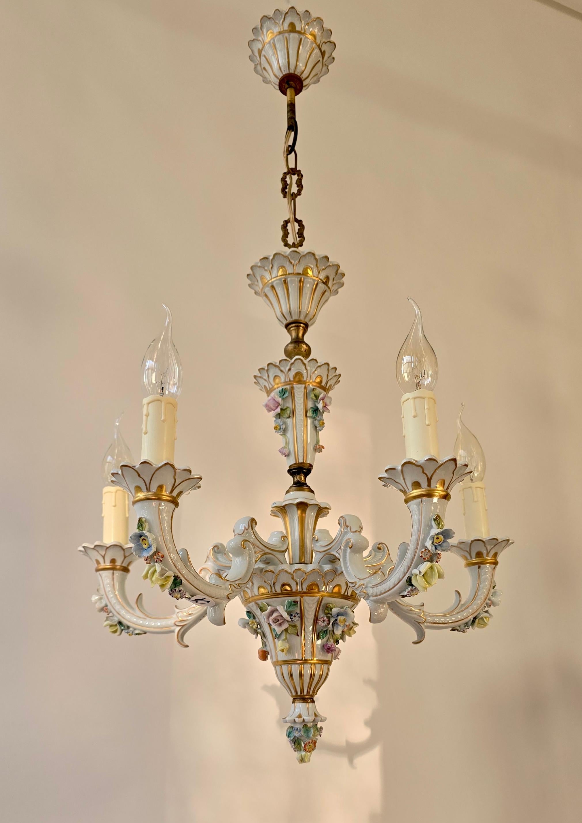 Hollywood Regency Baroque Porcelain Flower Chandelier or Candelabra, Italy For Sale
