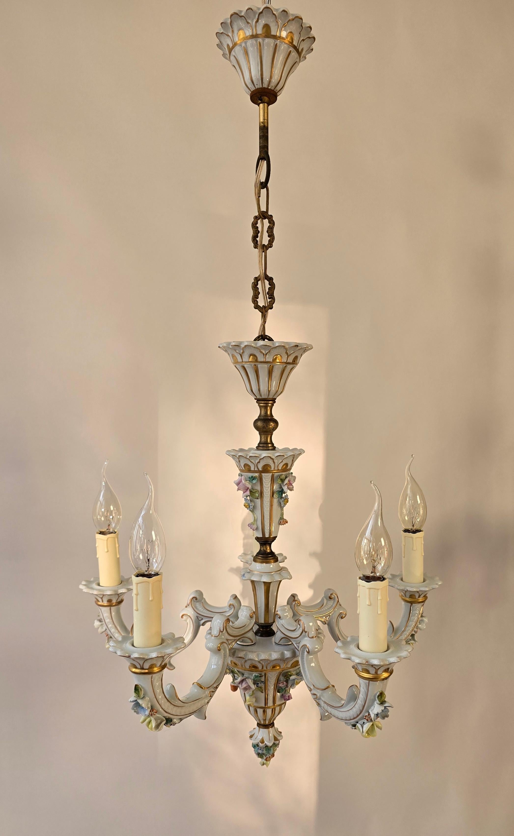 Italian Baroque Porcelain Flower Chandelier or Candelabra, Italy For Sale
