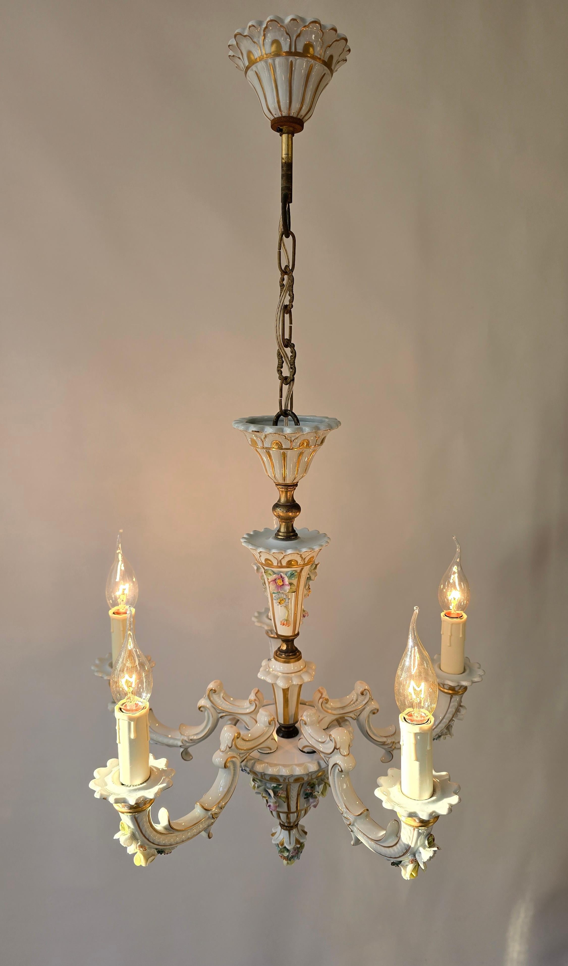 Brass Baroque Porcelain Flower Chandelier or Candelabra, Italy For Sale