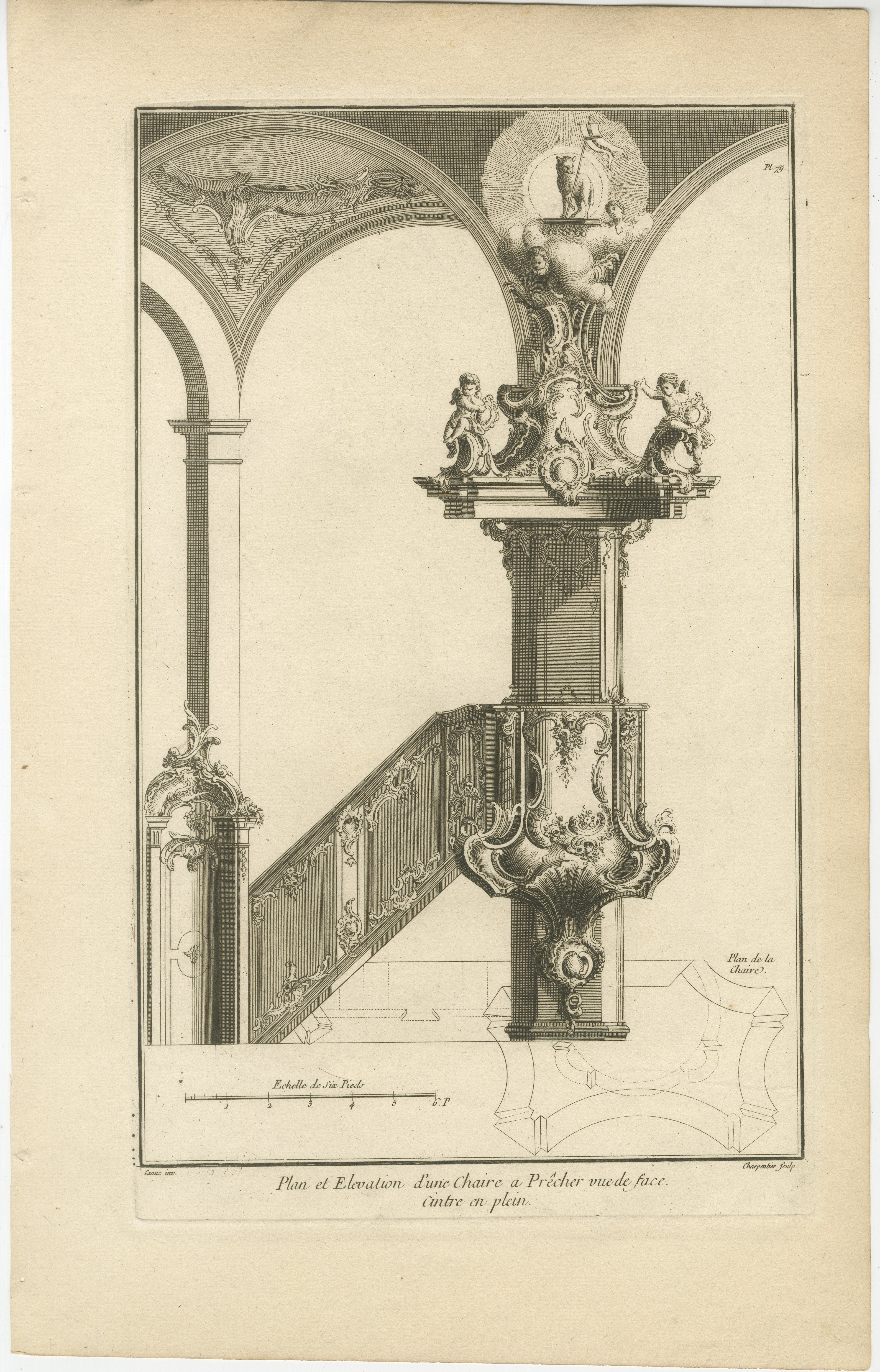 This is an original antique architectural design for a pulpit in baroque style with archway and balustrade dating approximately between 1740 and 1760. 

The artist responsible for this design is Franz Xaver Habermann, and it was published by Johann