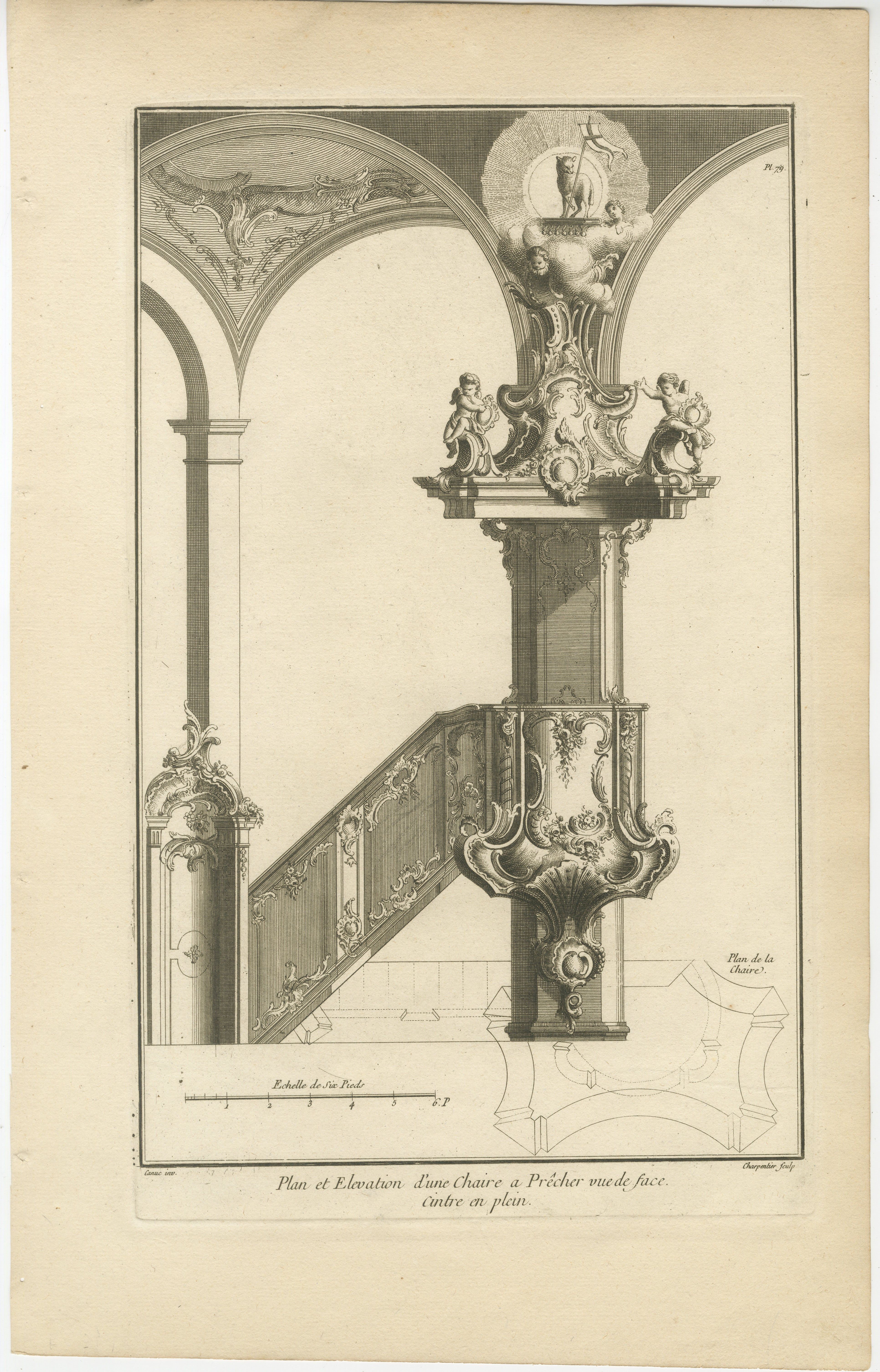 Se trata de un diseño arquitectónico antiguo original de un púlpito de estilo barroco con arco y balaustrada que data aproximadamente de entre 1740 y 1760. 

El artista responsable de este diseño es Franz Xaver Habermann, y fue publicado por Johann