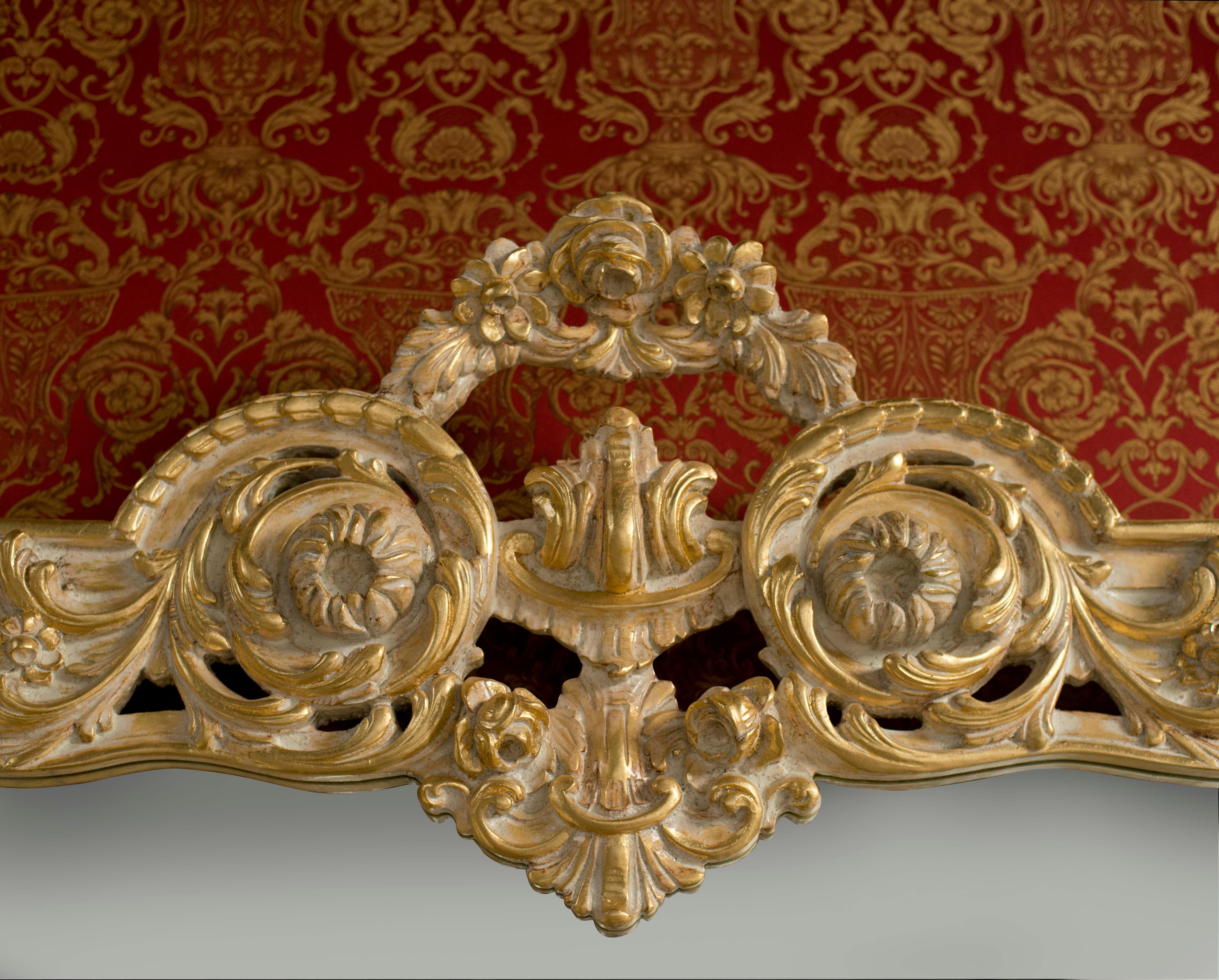 Gold Leaf Baroque Rectangular Console in Ivory Lacquered Finish and Handmade Carvings For Sale