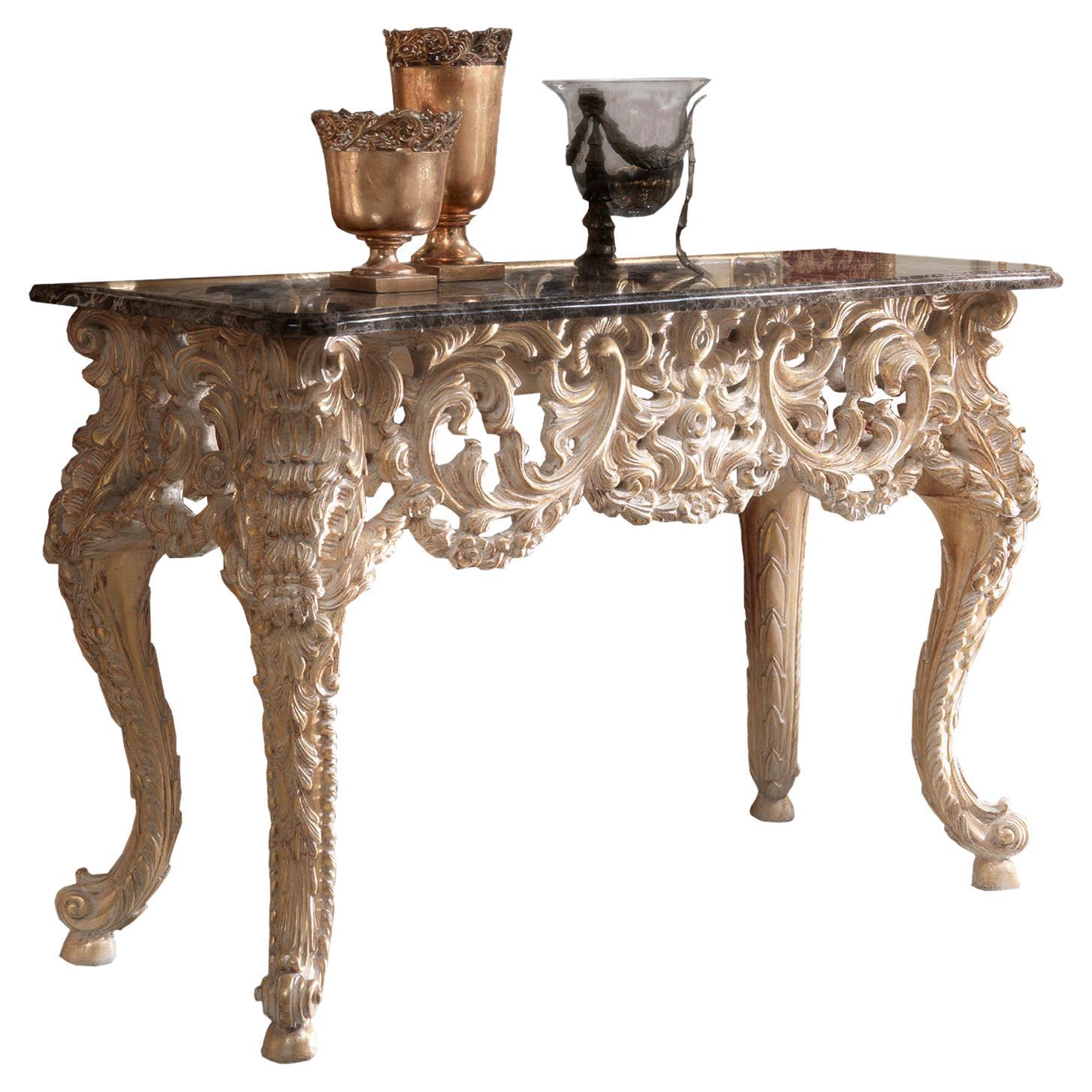 Baroque Rectangular Console in Ivory Lacquered Finish and Handmade Carvings For Sale
