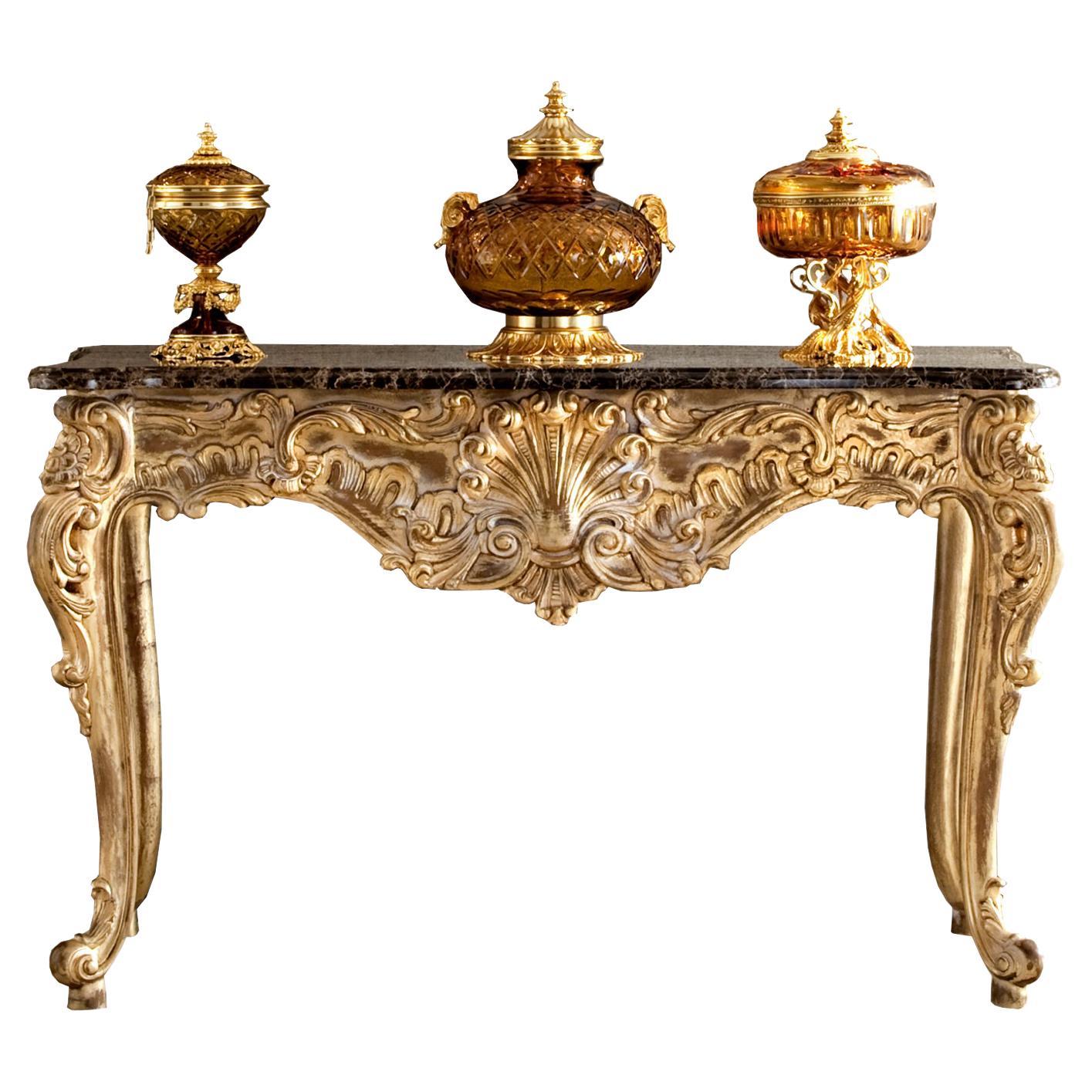 Baroque Rectangular Console in Natural Wood Finish and Handmade Carvings