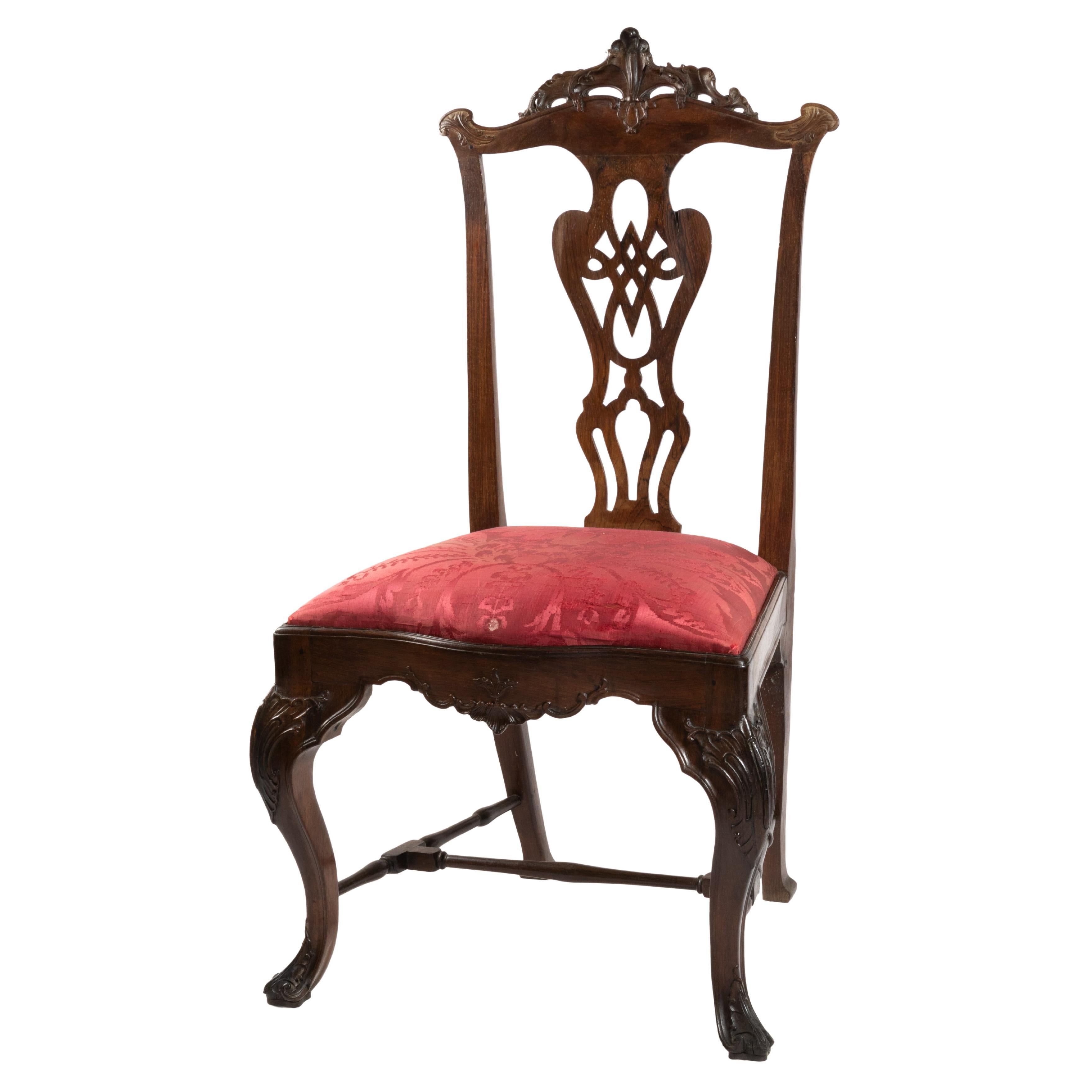 Baroque Red Damask Portuguese Chair, 18th Century For Sale