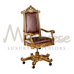 Baroque Red Leather Swivel Chair with Walnut & Gold Leaf Finishes by Modenese