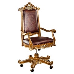 Baroque Red Leather Swivel Chair with Walnut & Gold Leaf Finishes by Modenese