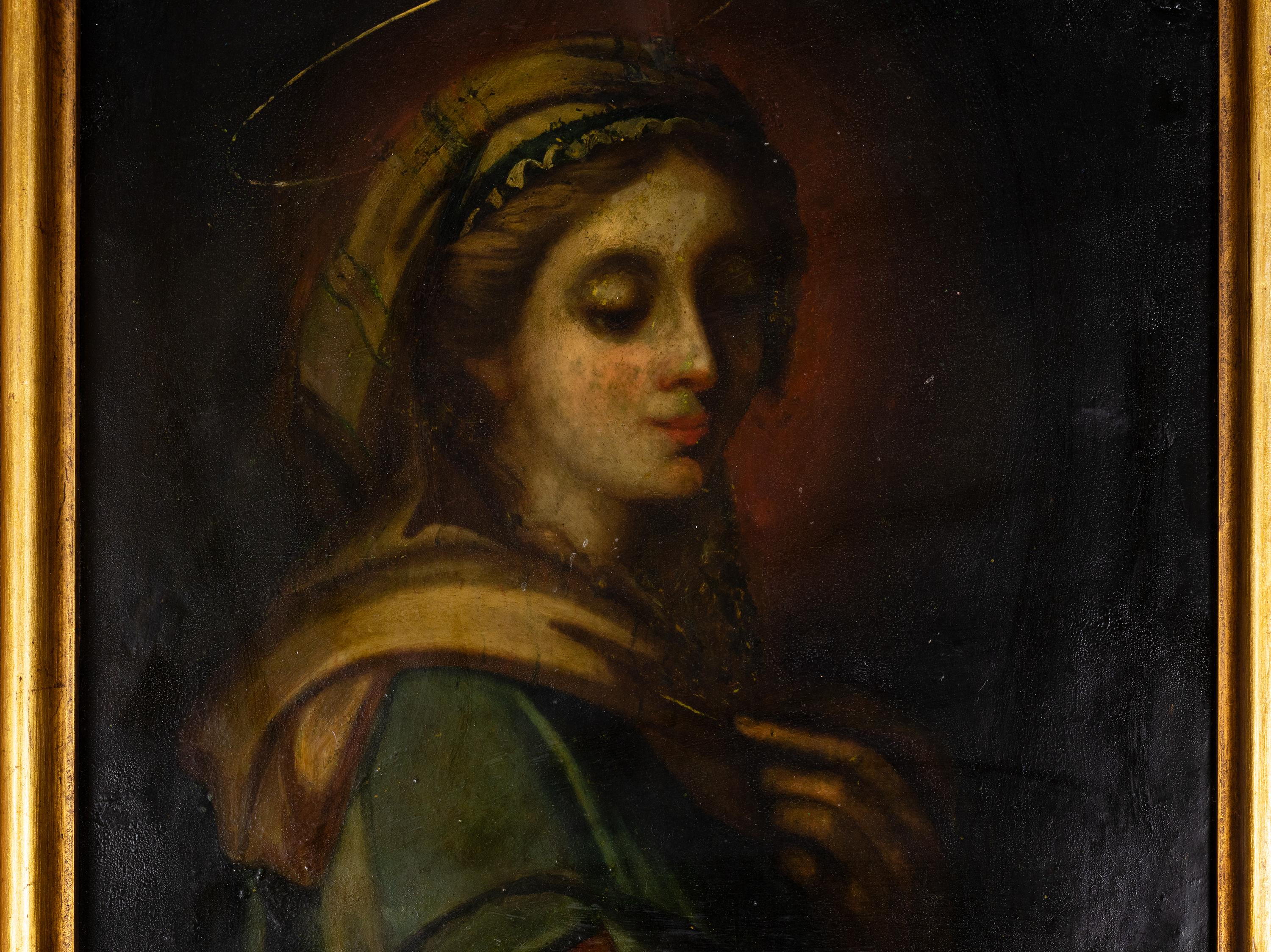 Renaissance Baroque Religious Painting Of Immaculate Conception, Gilt Frame, 17th Century For Sale