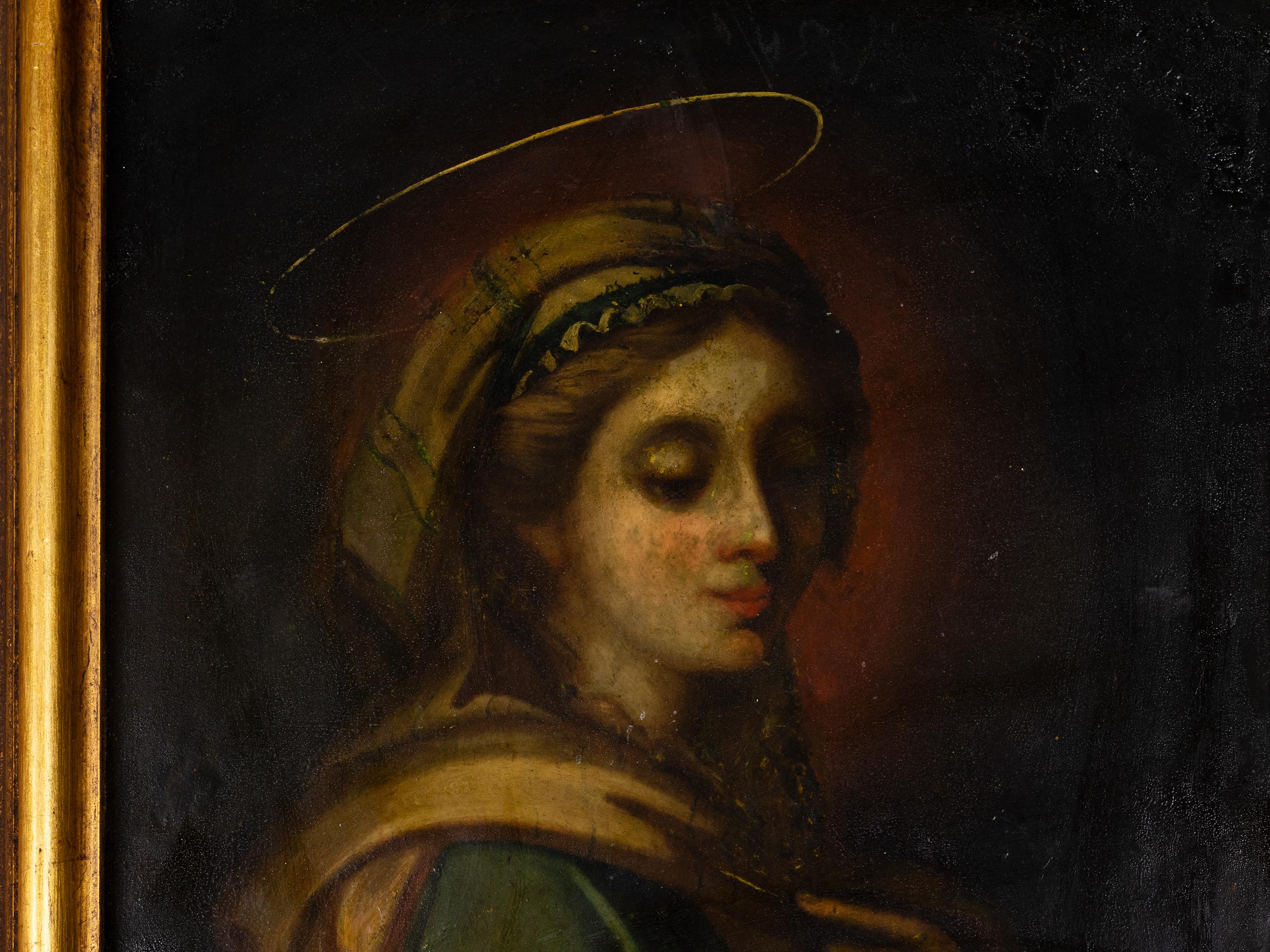 Italian Baroque Religious Painting Of Immaculate Conception, Gilt Frame, 17th Century For Sale