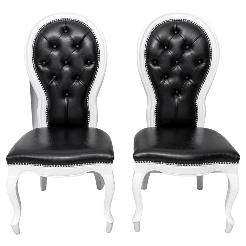 Baroque Revival Black & White Side Chairs, Pair For Sale