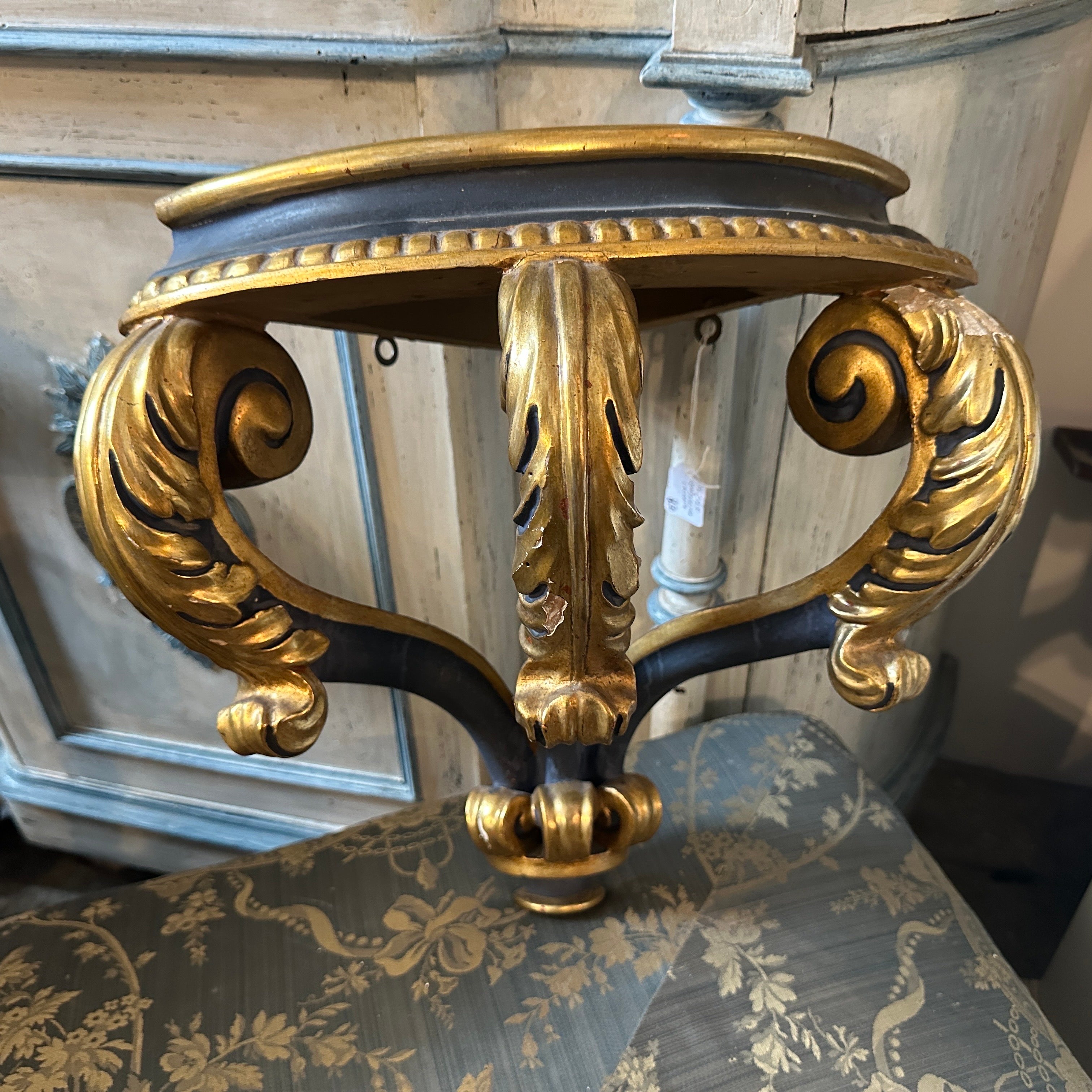  Baroque Revival Blue Lacquered and Gilded Italian Corner Console Table
A magnificent and ornate piece of small furniture, this Italian corner console table embodies the rich decorative traditions of the Baroque Revival style. Crafted from wood, the