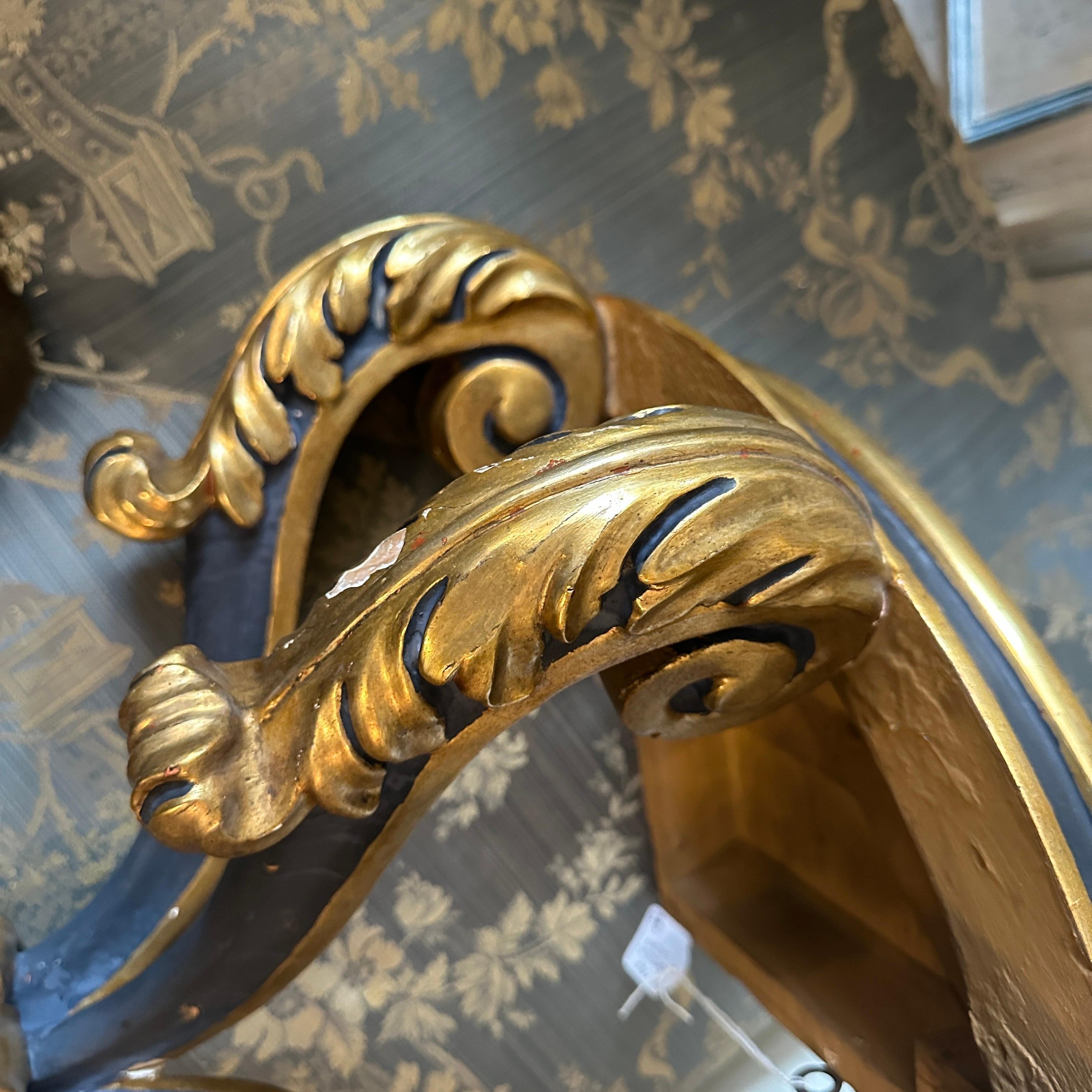 Hand-Carved Baroque Revival Blue Lacquered and Gilded Wood Italian Corner Console Table For Sale