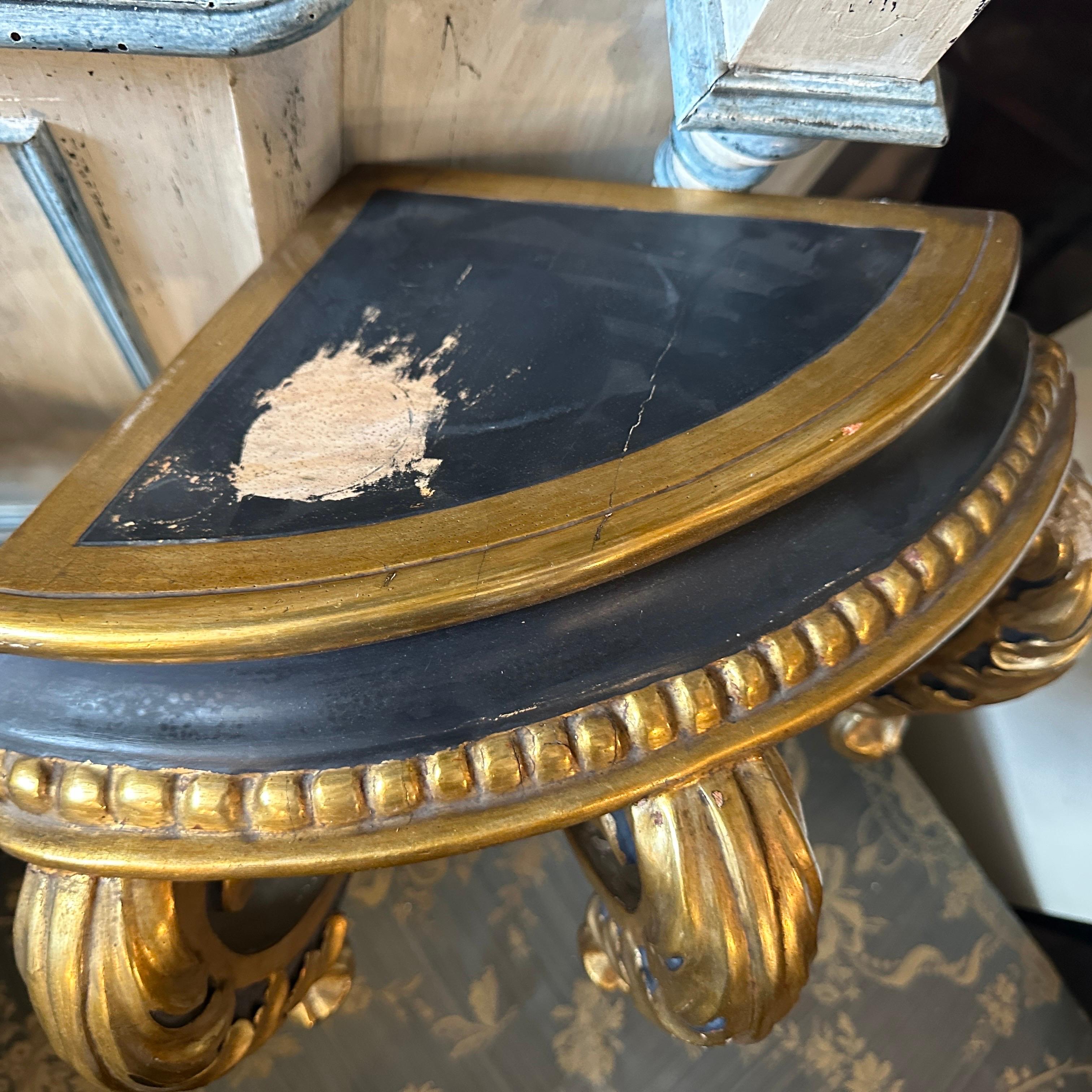 19th Century Baroque Revival Blue Lacquered and Gilded Wood Italian Corner Console Table For Sale