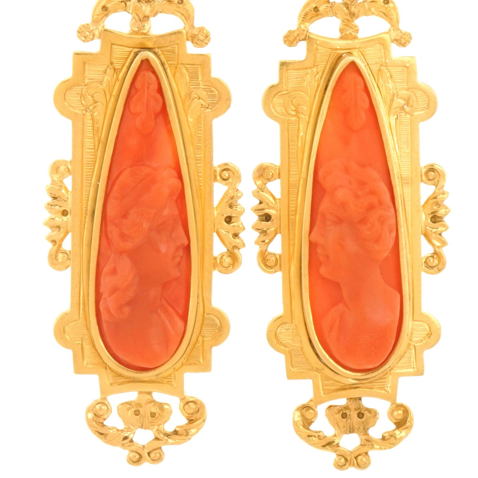 Antique Baroque Revival Coral Cameo Chandelier Earrings In Excellent Condition For Sale In Litchfield, CT