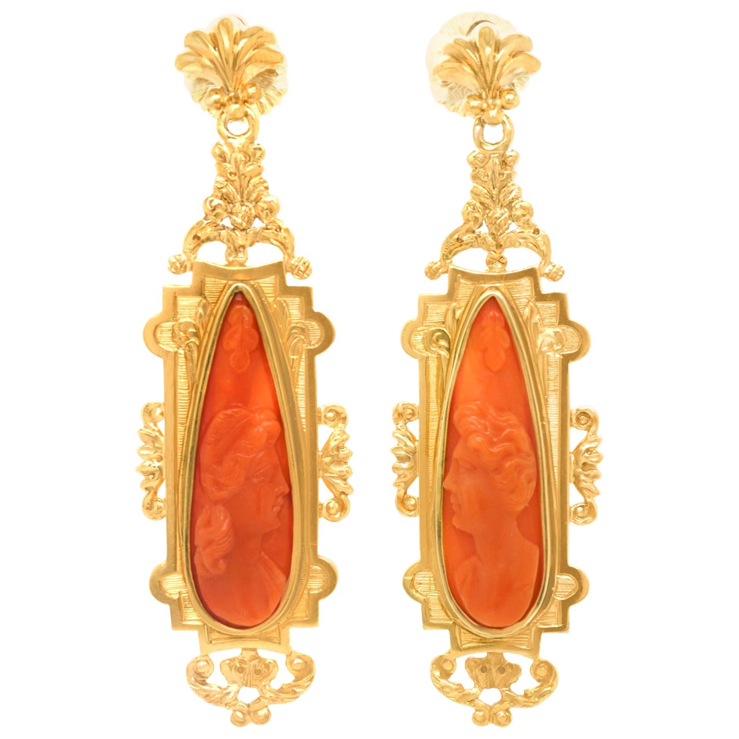 Antique Baroque Revival Coral Cameo Chandelier Earrings For Sale