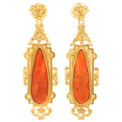Used Baroque Revival Coral Cameo Chandelier Earrings