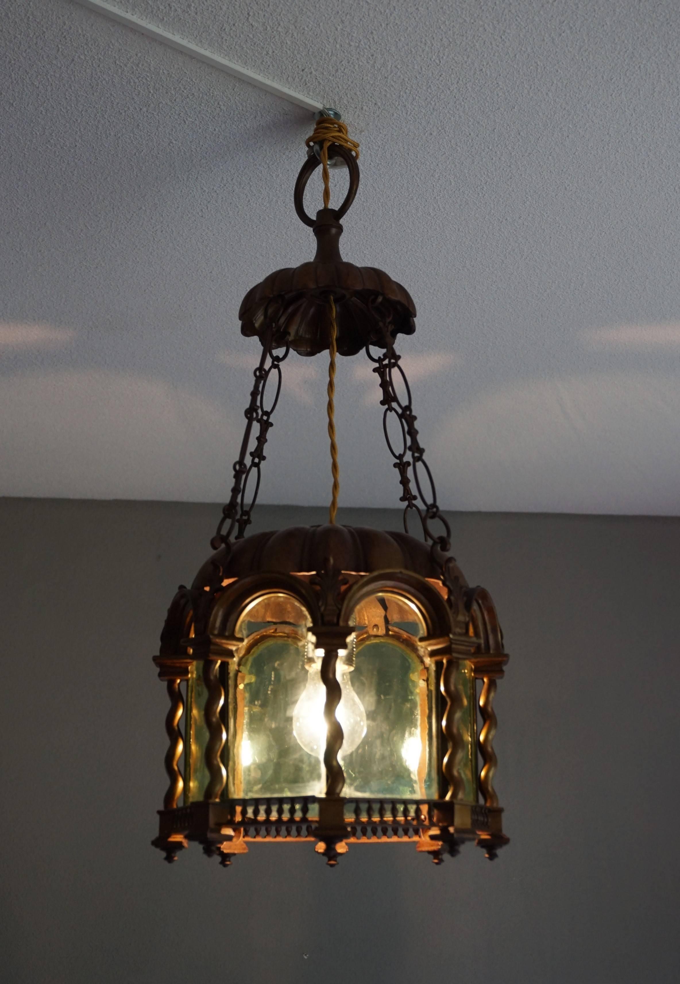 Baroque Revival Early 20th Century Bronze & Green Glass Lantern / Light Fixture 9