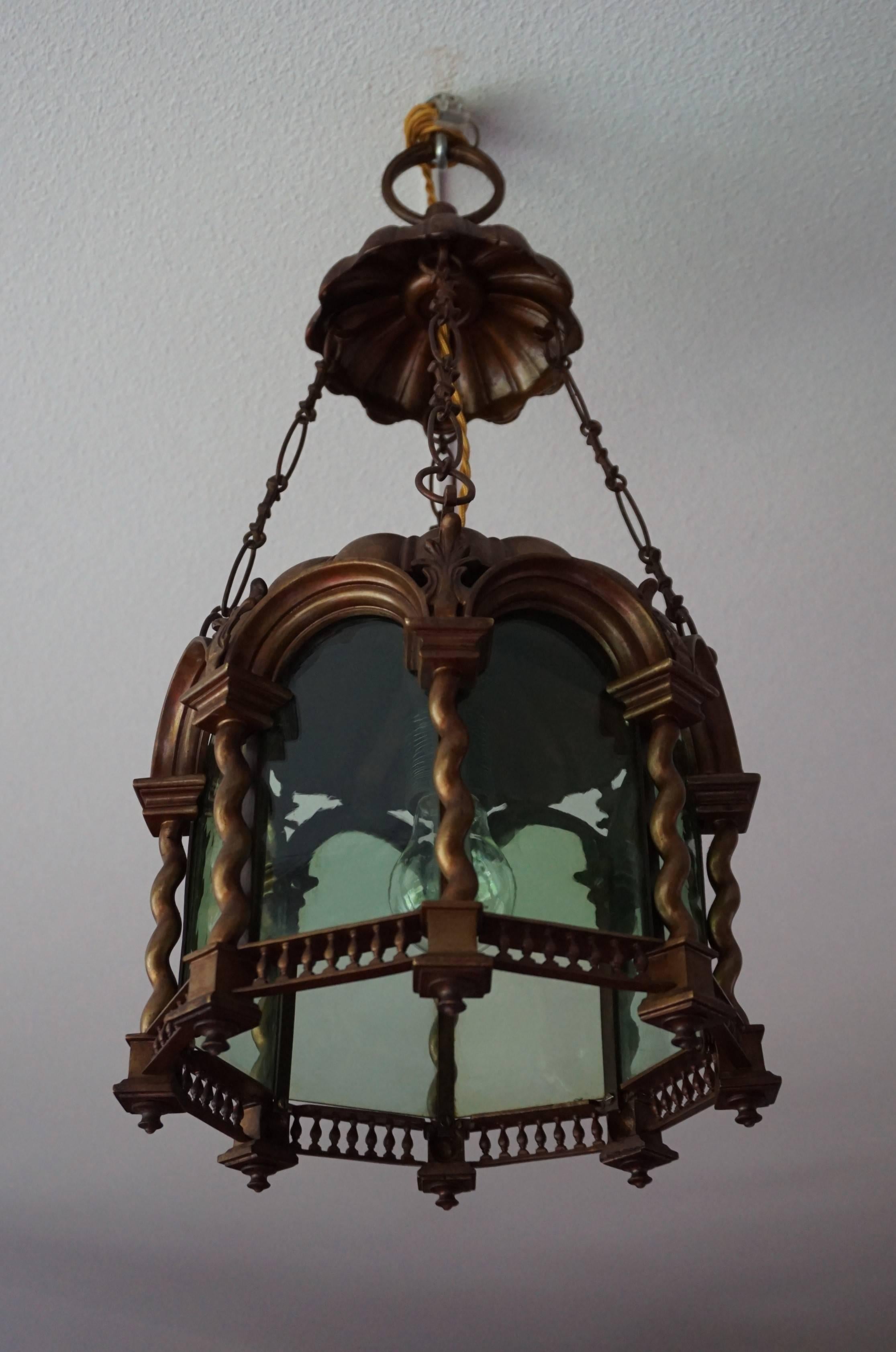 Baroque Revival Early 20th Century Bronze & Green Glass Lantern / Light Fixture 10