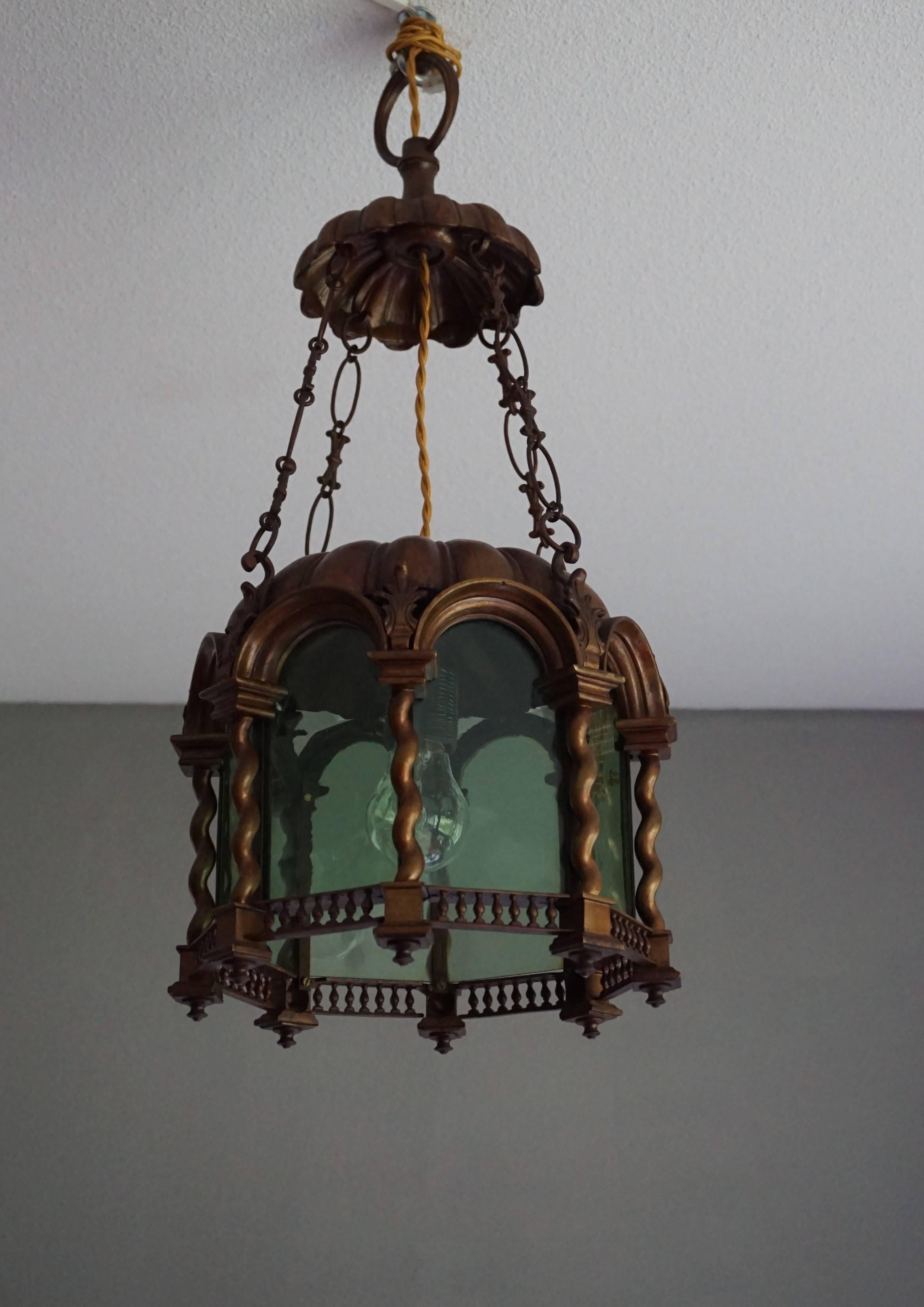 Baroque Revival Early 20th Century Bronze & Green Glass Lantern / Light Fixture 14