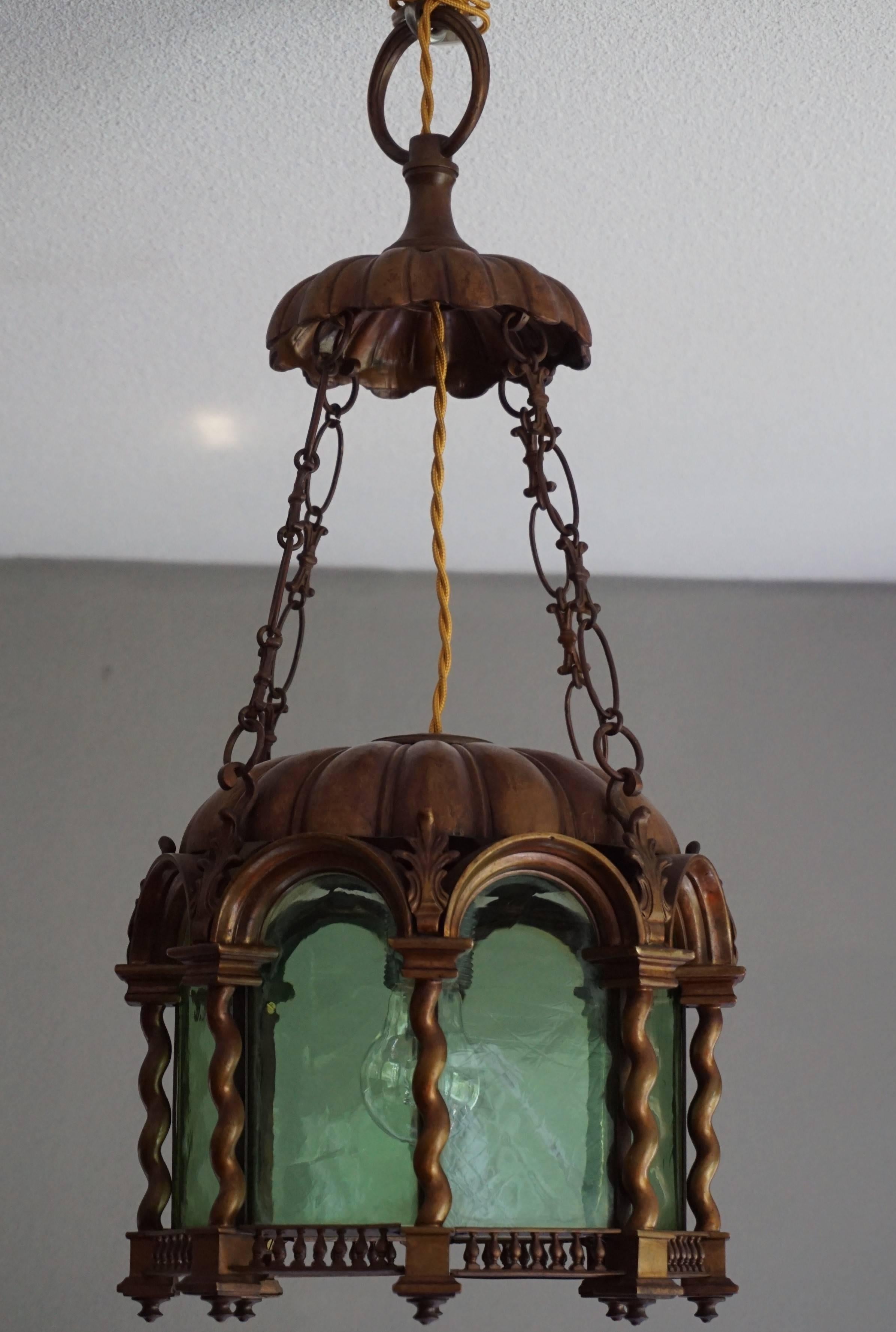 Cast Baroque Revival Early 20th Century Bronze & Green Glass Lantern / Light Fixture