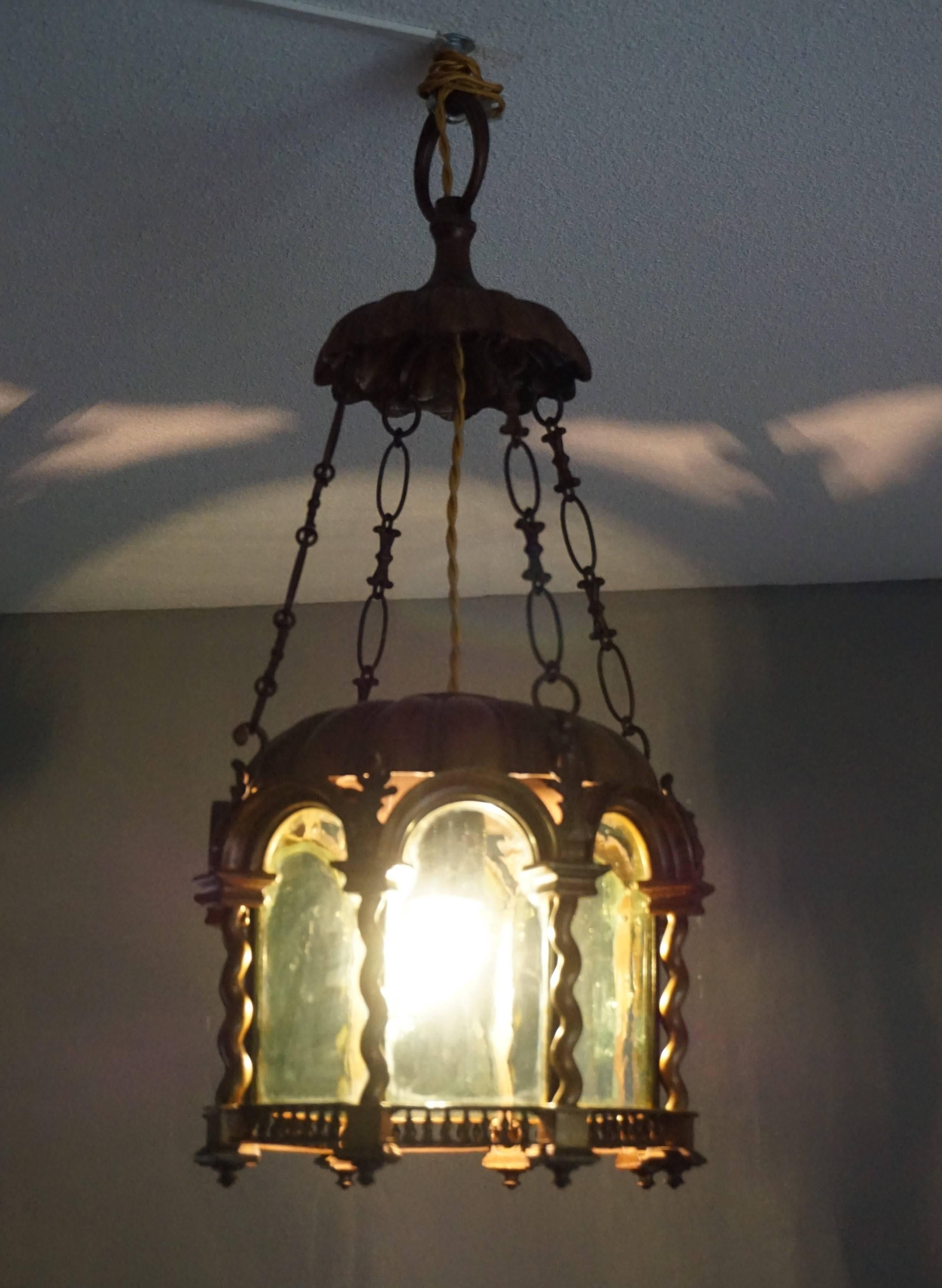 Baroque Revival Early 20th Century Bronze & Green Glass Lantern / Light Fixture In Good Condition In Lisse, NL