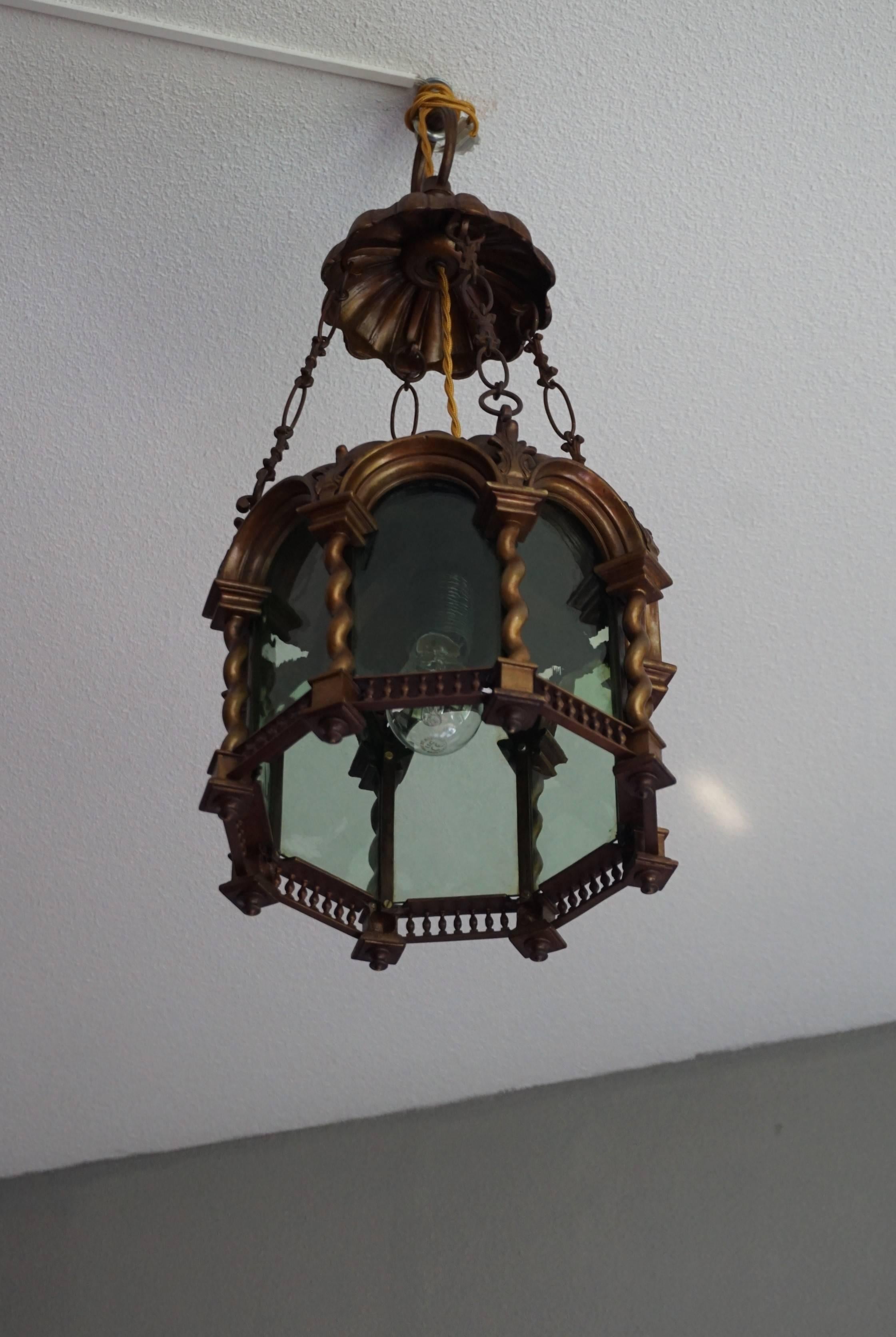Baroque Revival Early 20th Century Bronze & Green Glass Lantern / Light Fixture 4