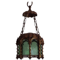 Antique Baroque Revival Early 20th Century Bronze & Green Glass Lantern / Light Fixture