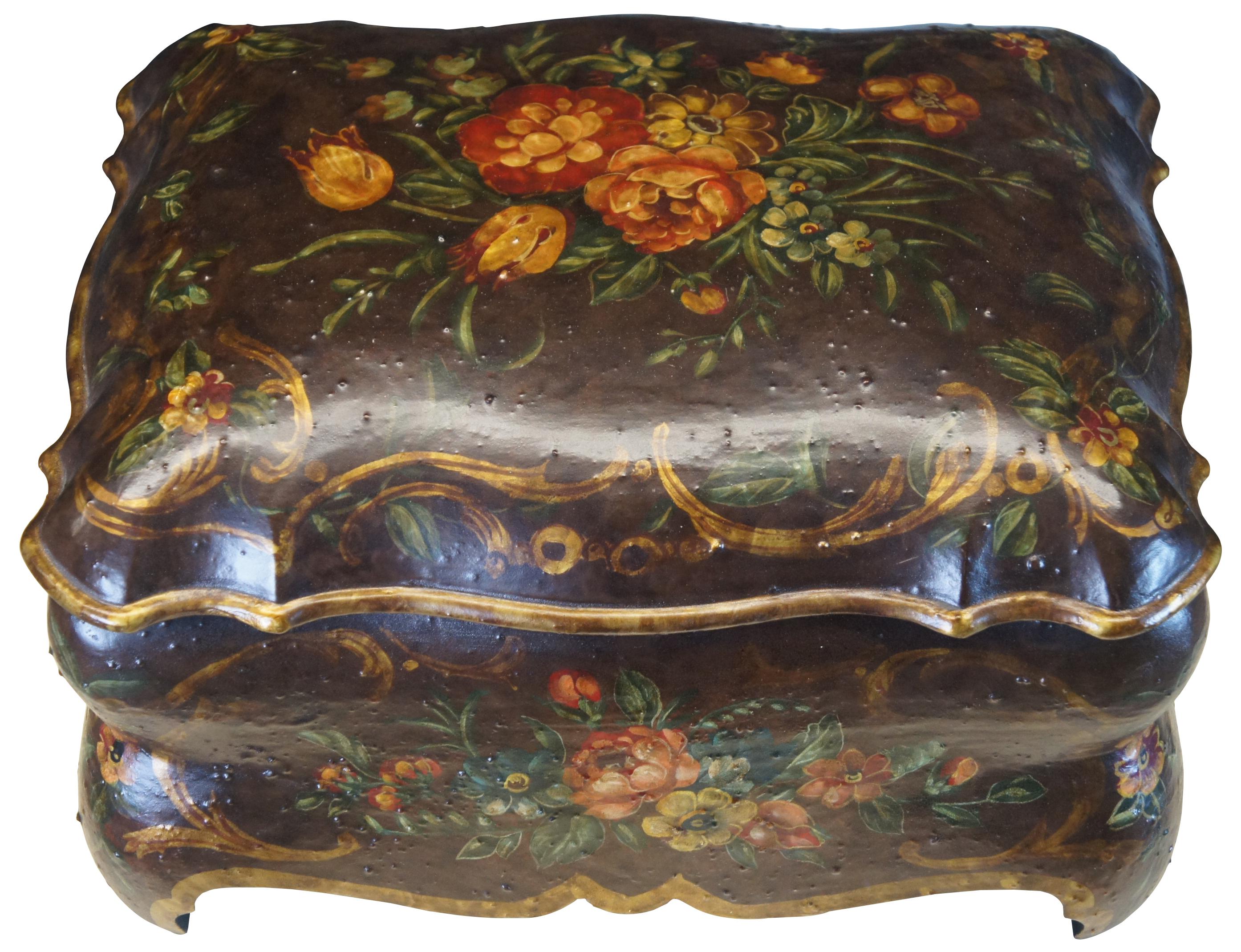 Italian or Baroque Revival chest. Great for decorative use or as a centerpiece or Jewelry Casket. Features a bombe form with hand pianted floral details. Brown with gold trim. Measure: 16