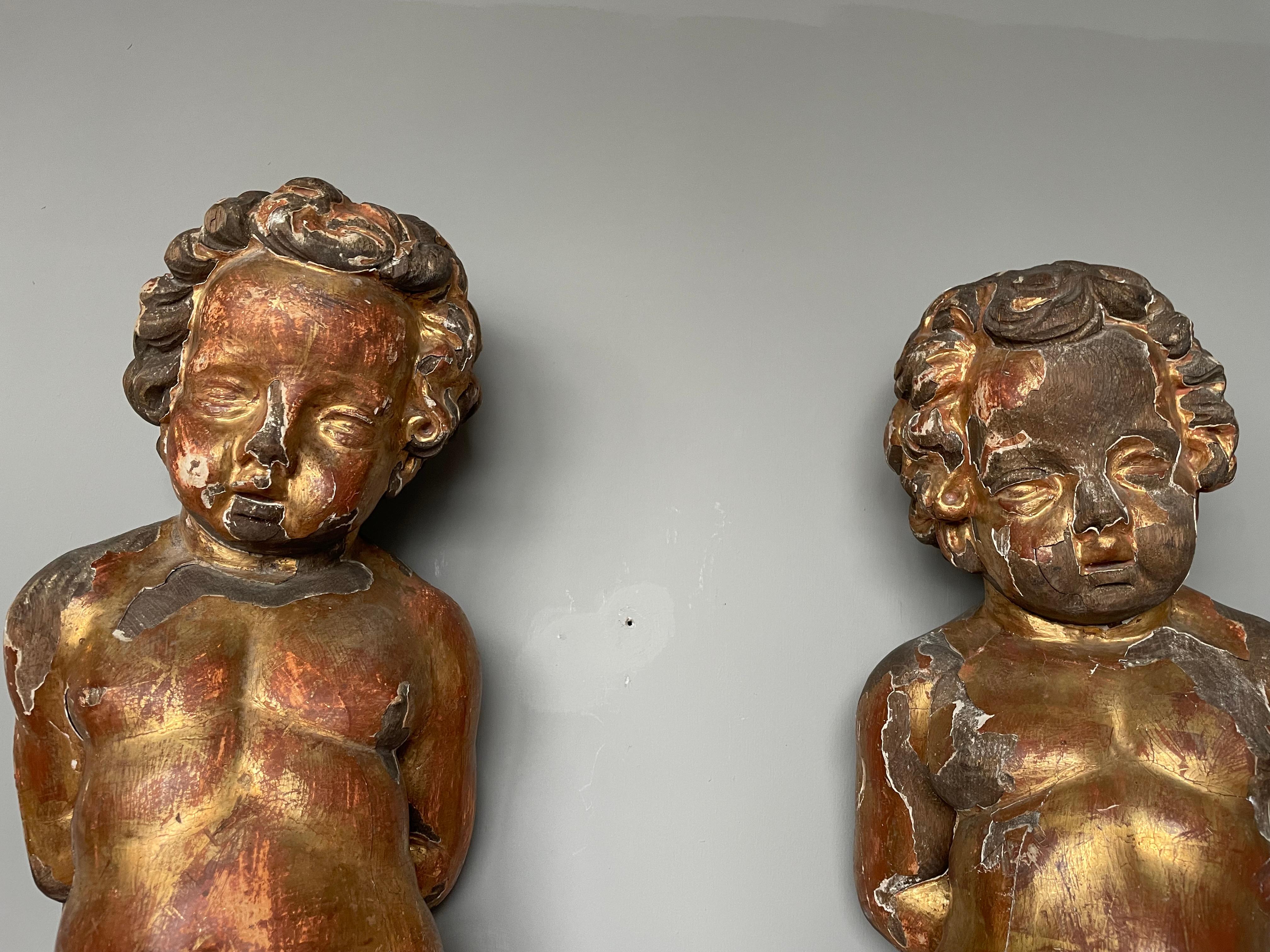 Baroque Revival Pair of 1800s Hand Carved & Gilt Solid Oak Wall Cherubs / Putti For Sale 8