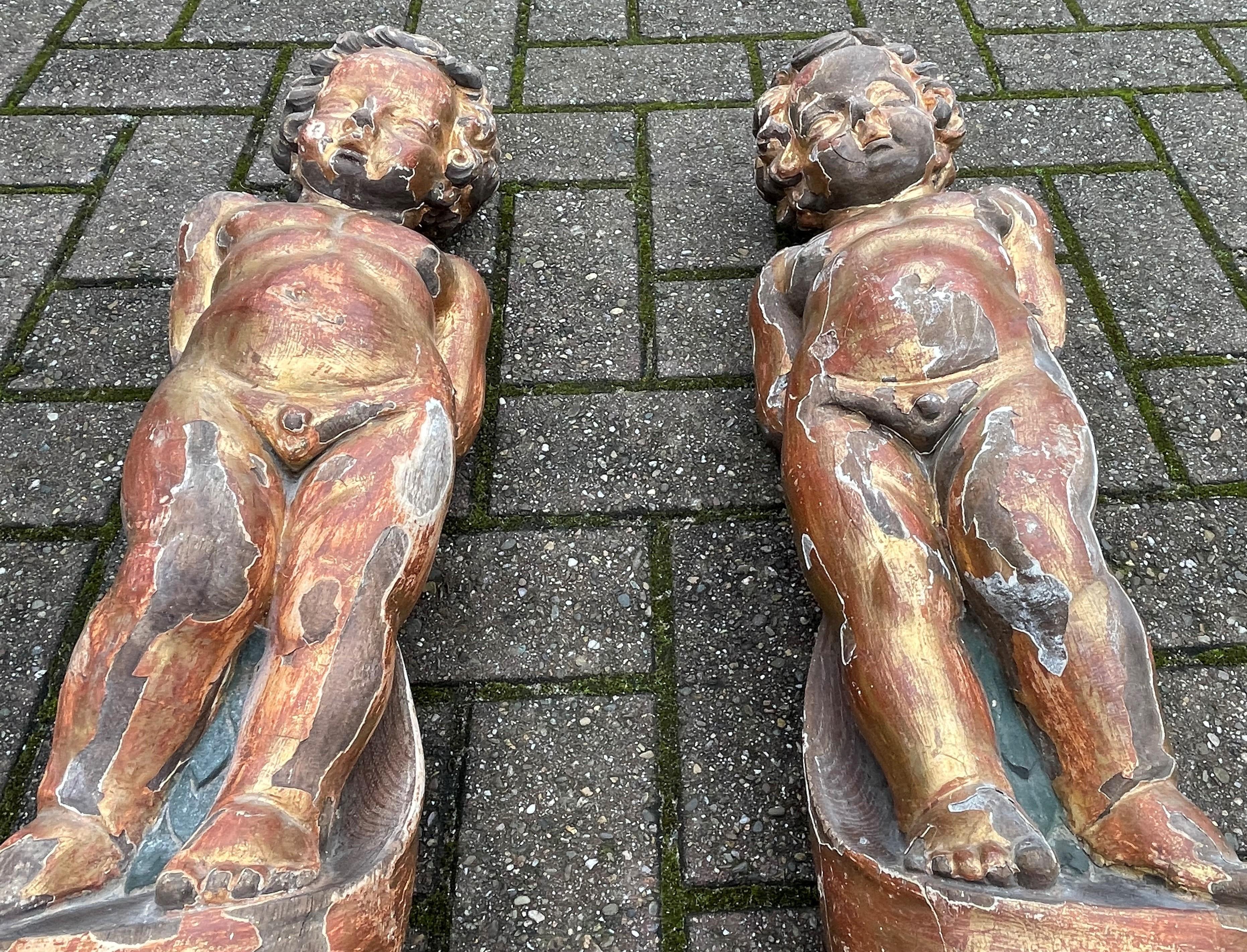 Baroque Revival Pair of 1800s Hand Carved & Gilt Solid Oak Wall Cherubs / Putti For Sale 12